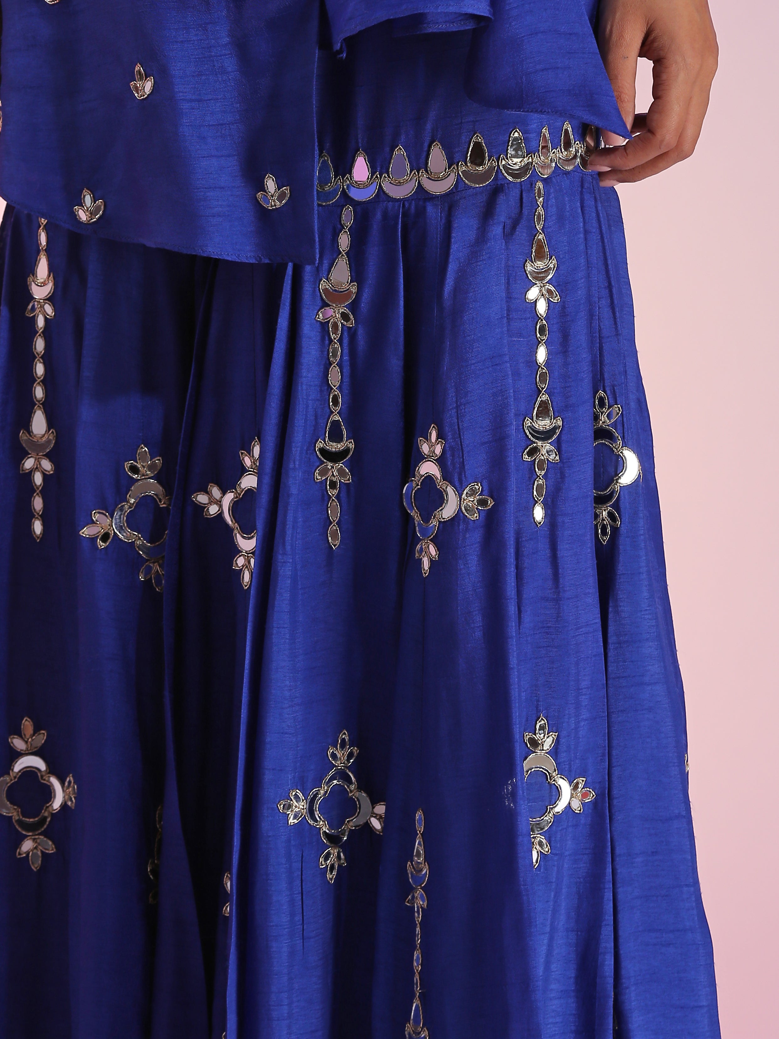 Blue Asymmetric Mirrorwork Knot Top Pleated Sharara Set