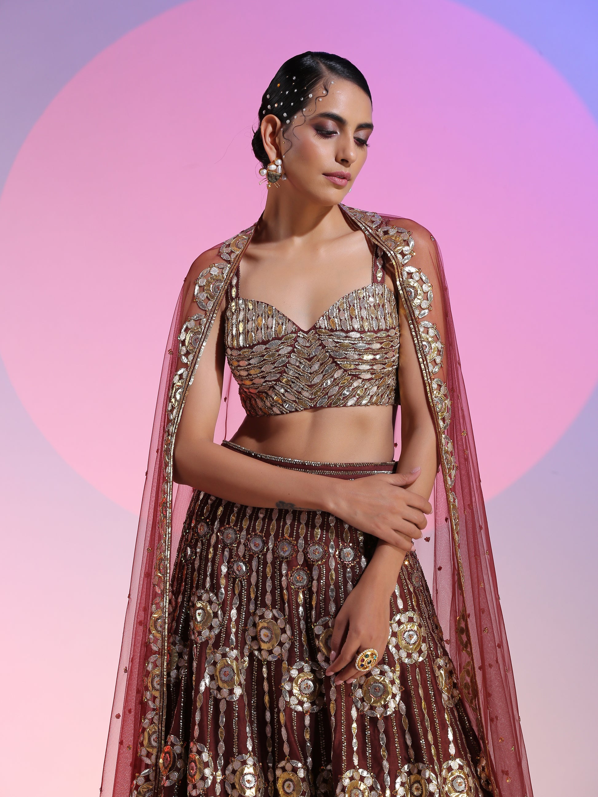 Maroon Chanderi Gotta Sequin Beadwork Lehenga Bralette Set