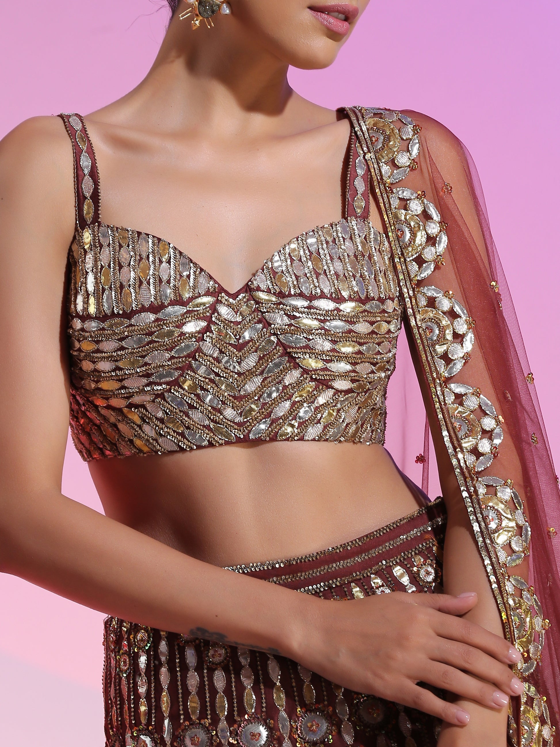 Maroon Chanderi Gotta Sequin Beadwork Lehenga Bralette Set
