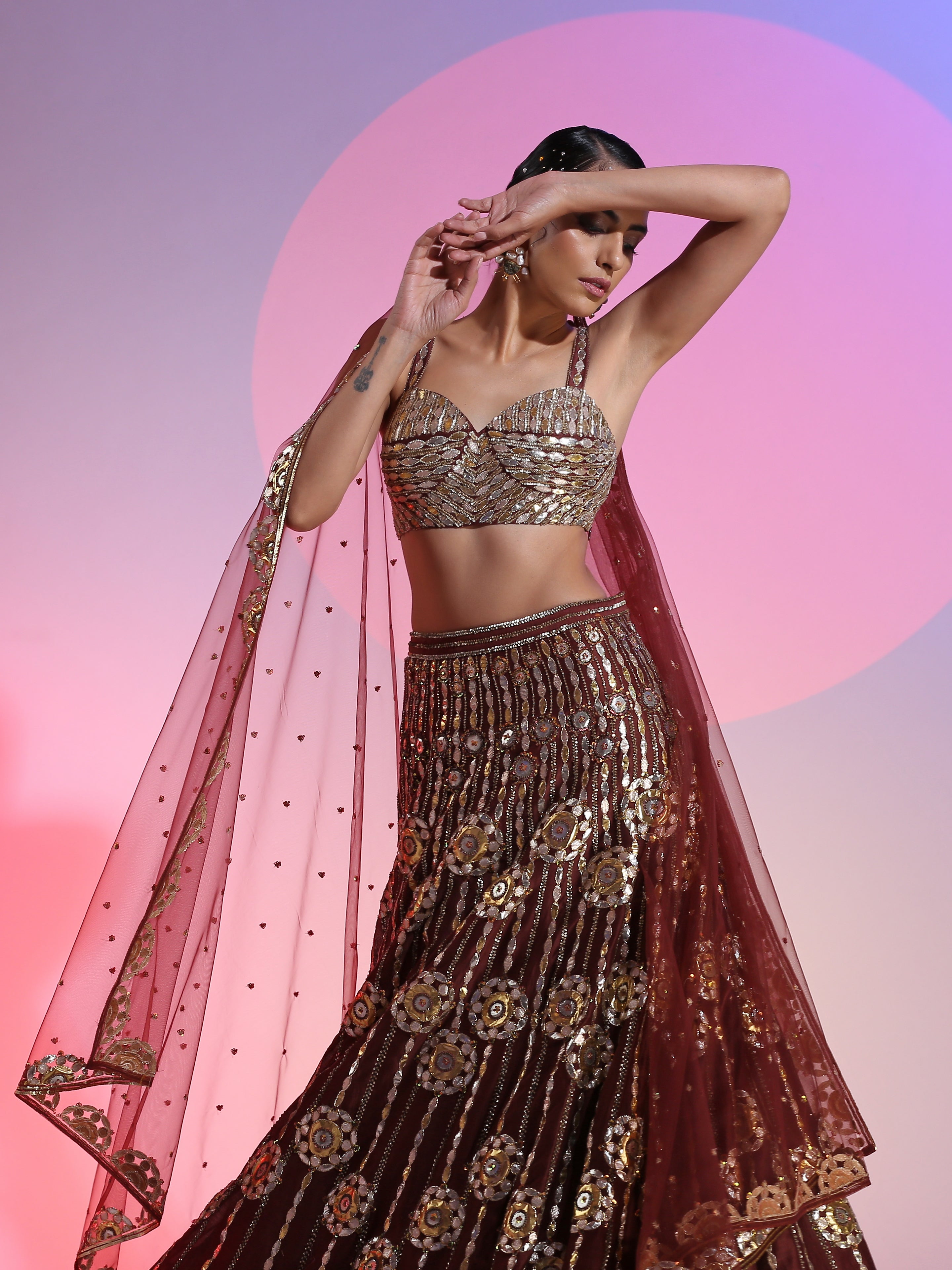 Maroon Chanderi Gotta Sequin Beadwork Lehenga Bralette Set