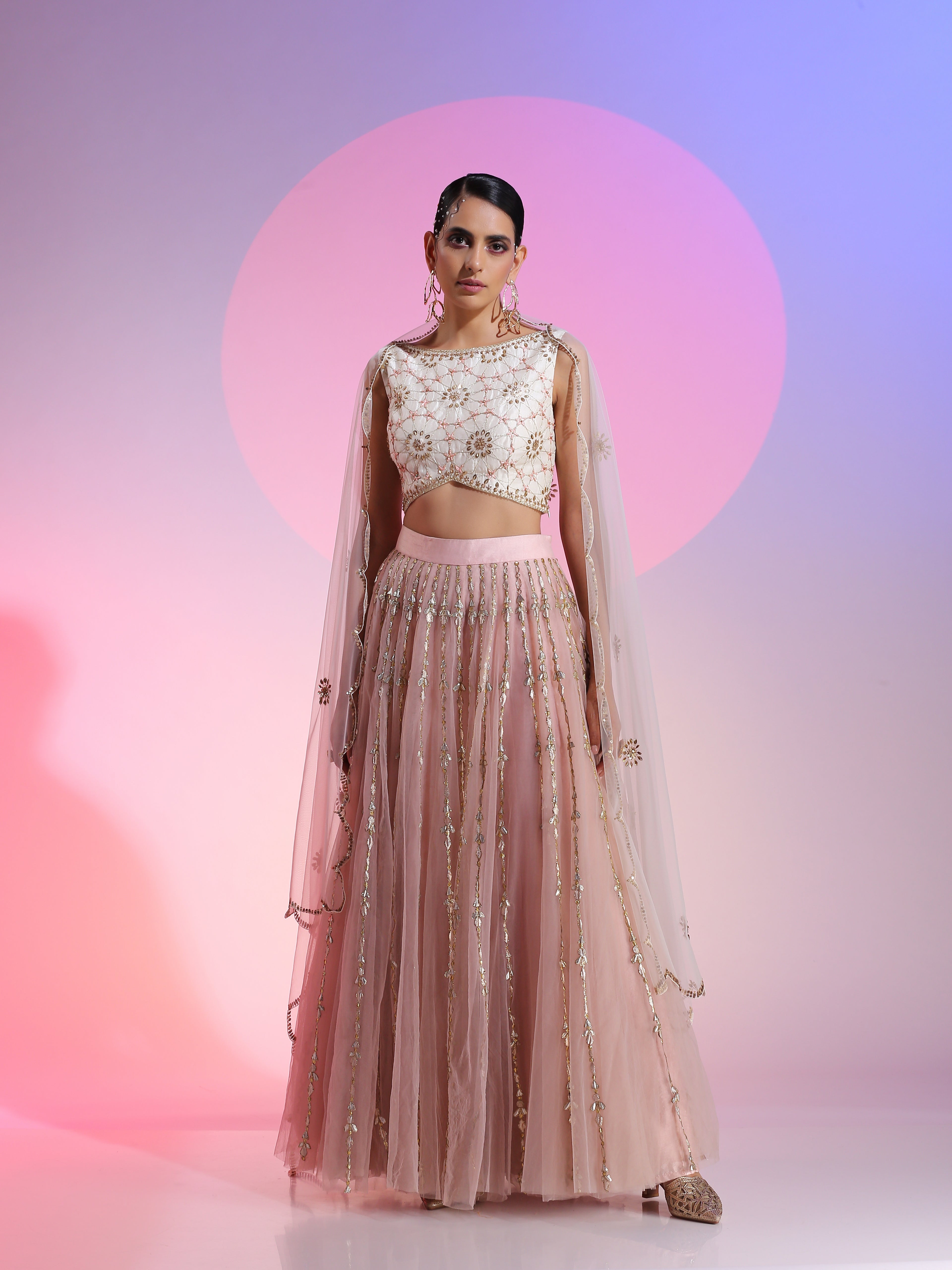 Ivory Pink Cotton Silk Net Gotta Sequin Resham Zari Lehenga Set