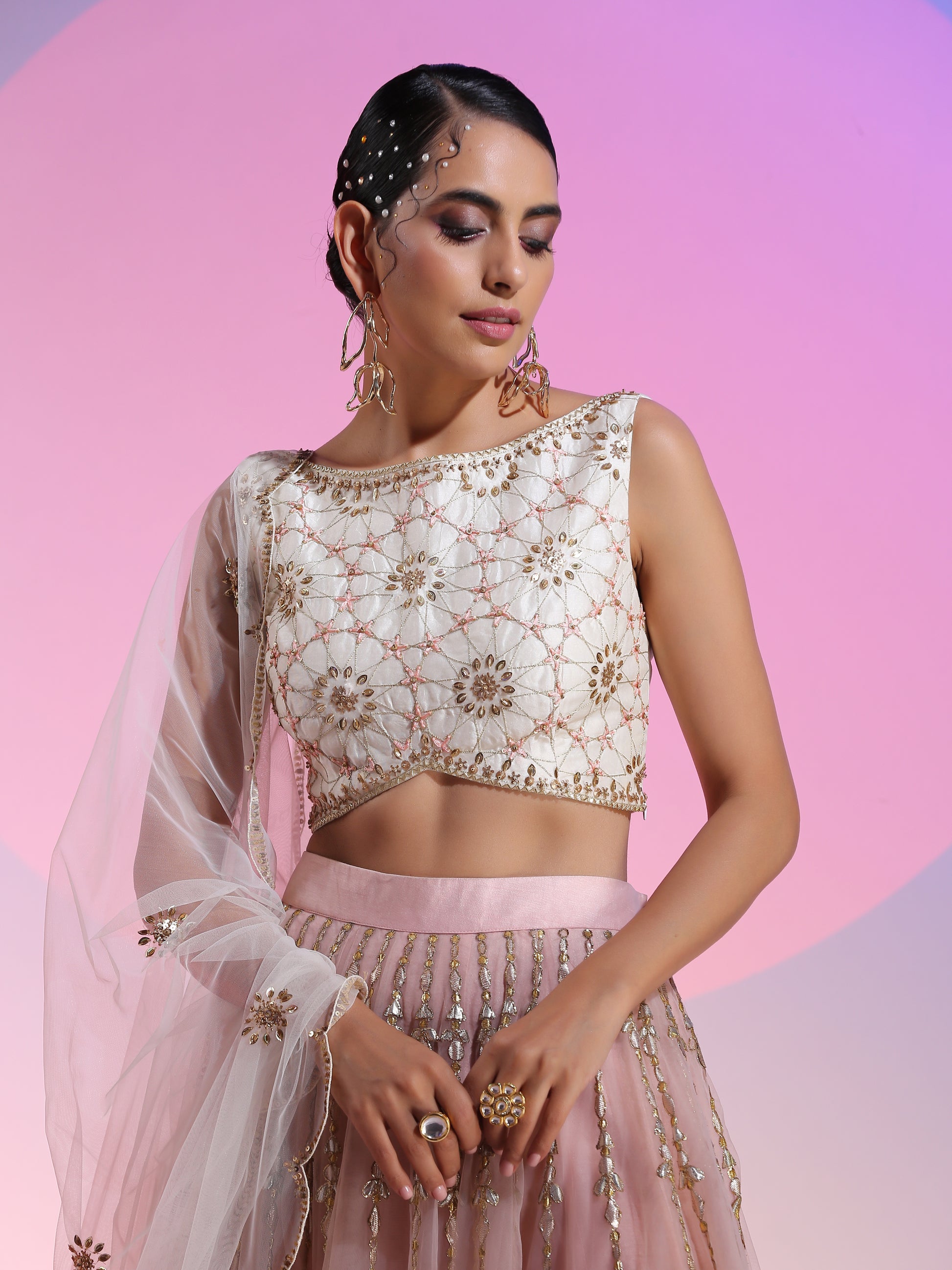 Ivory Pink Cotton Silk Net Gotta Sequin Resham Zari Lehenga Set