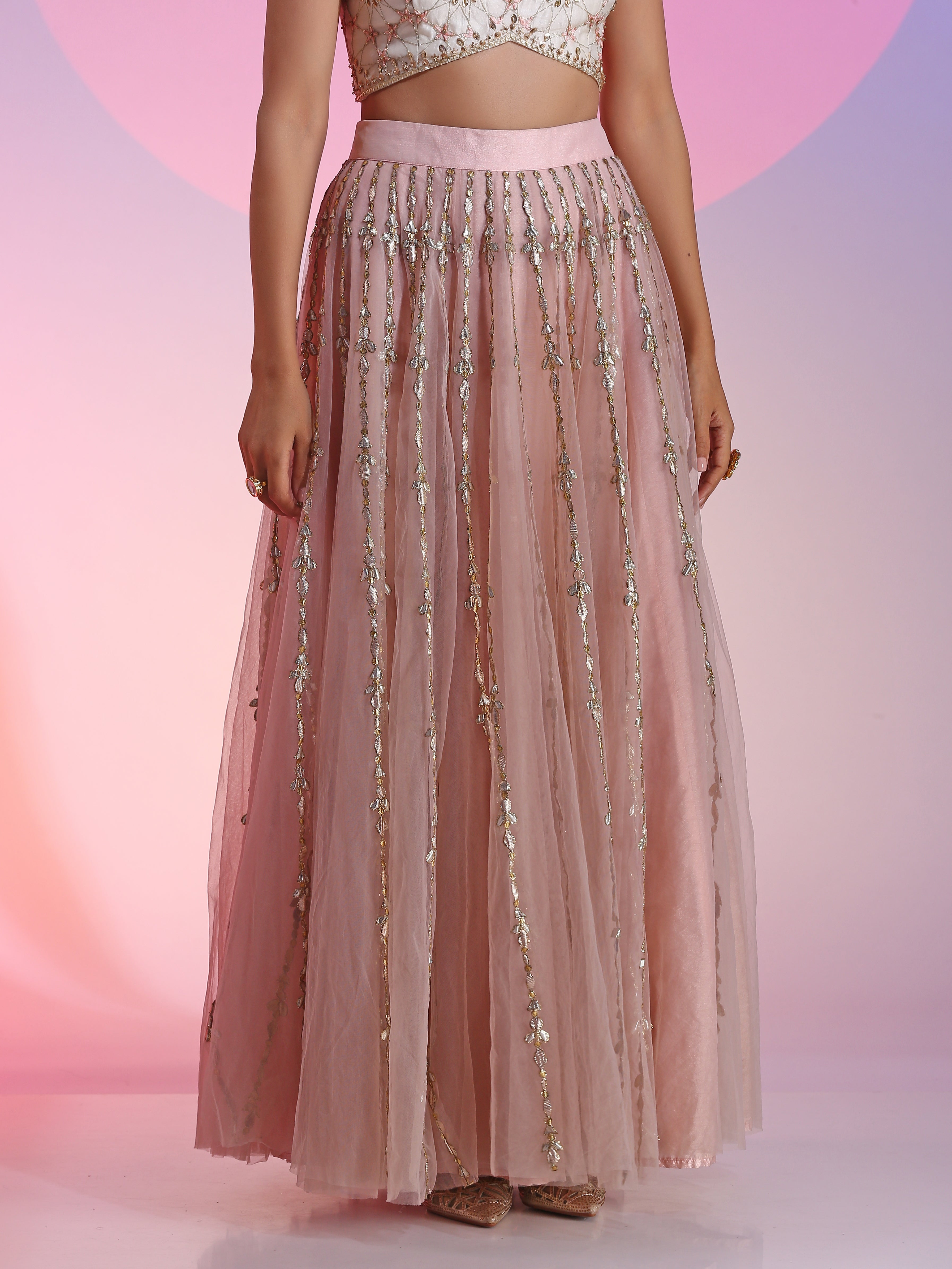 Ivory Pink Cotton Silk Net Gotta Sequin Resham Zari Lehenga Set