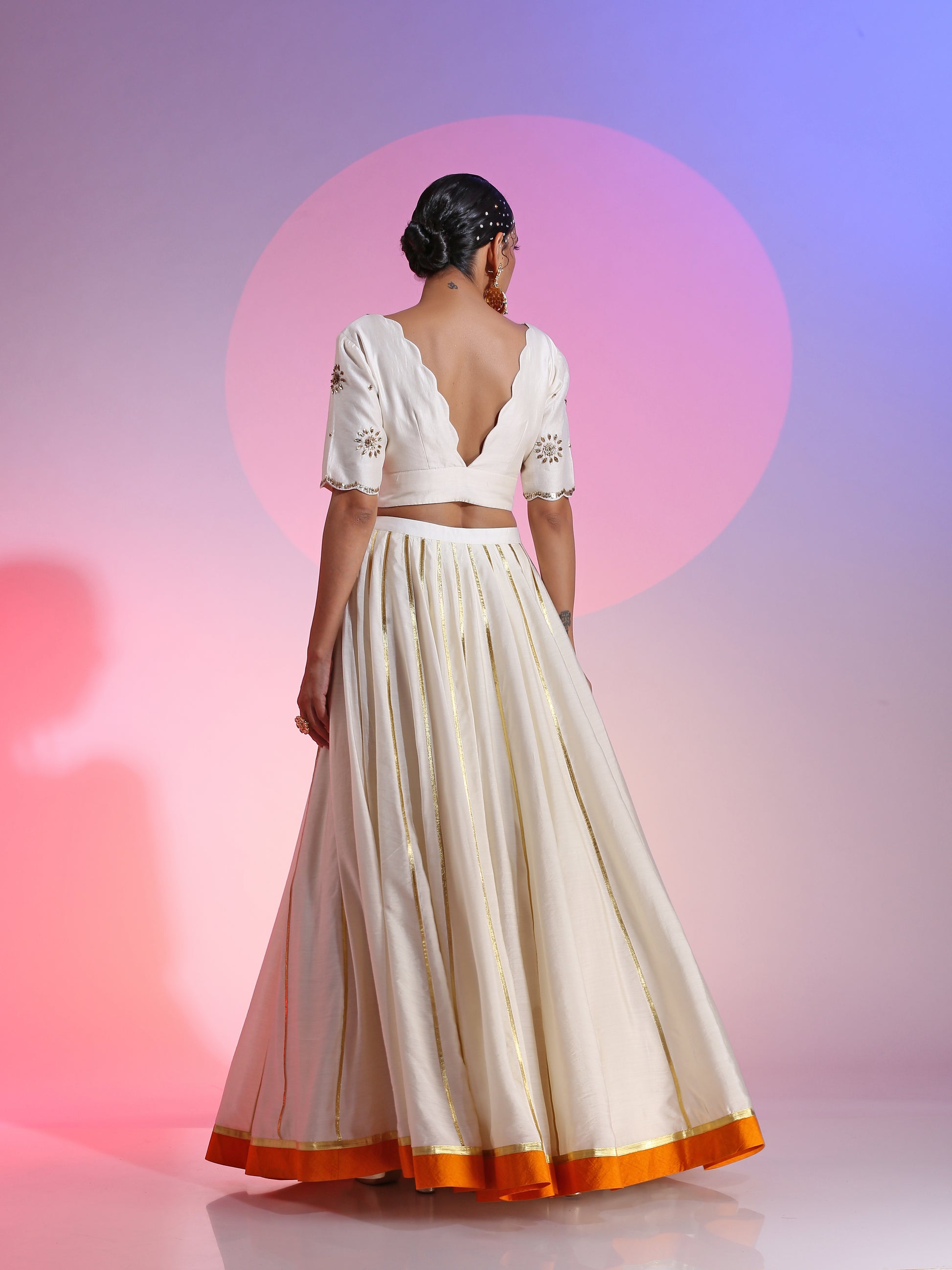 Ivory Yellow Orange Chanderi Sequin Gotta Lehenga Net Dupatta