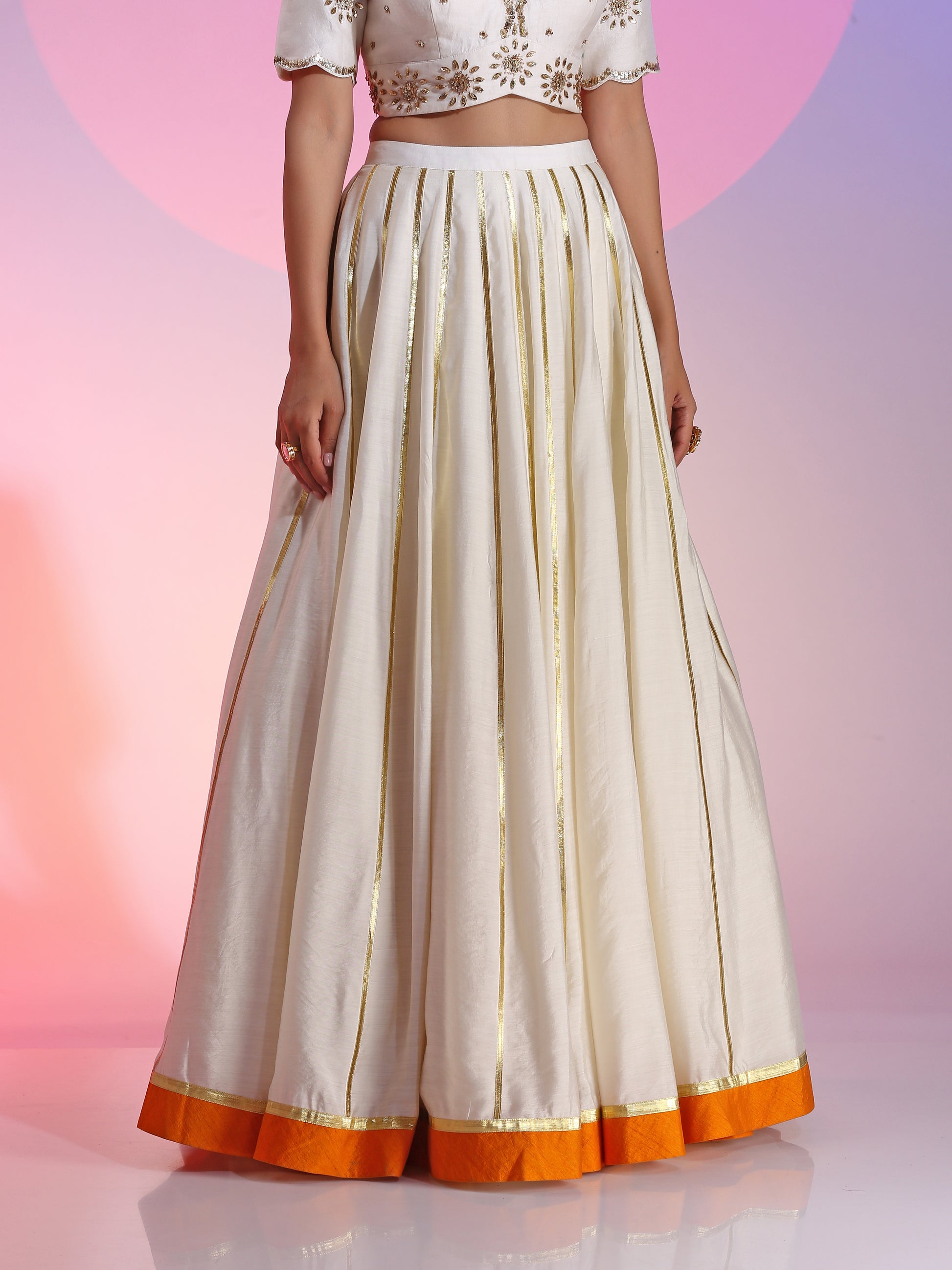 Ivory Yellow Orange Chanderi Sequin Gotta Lehenga Net Dupatta