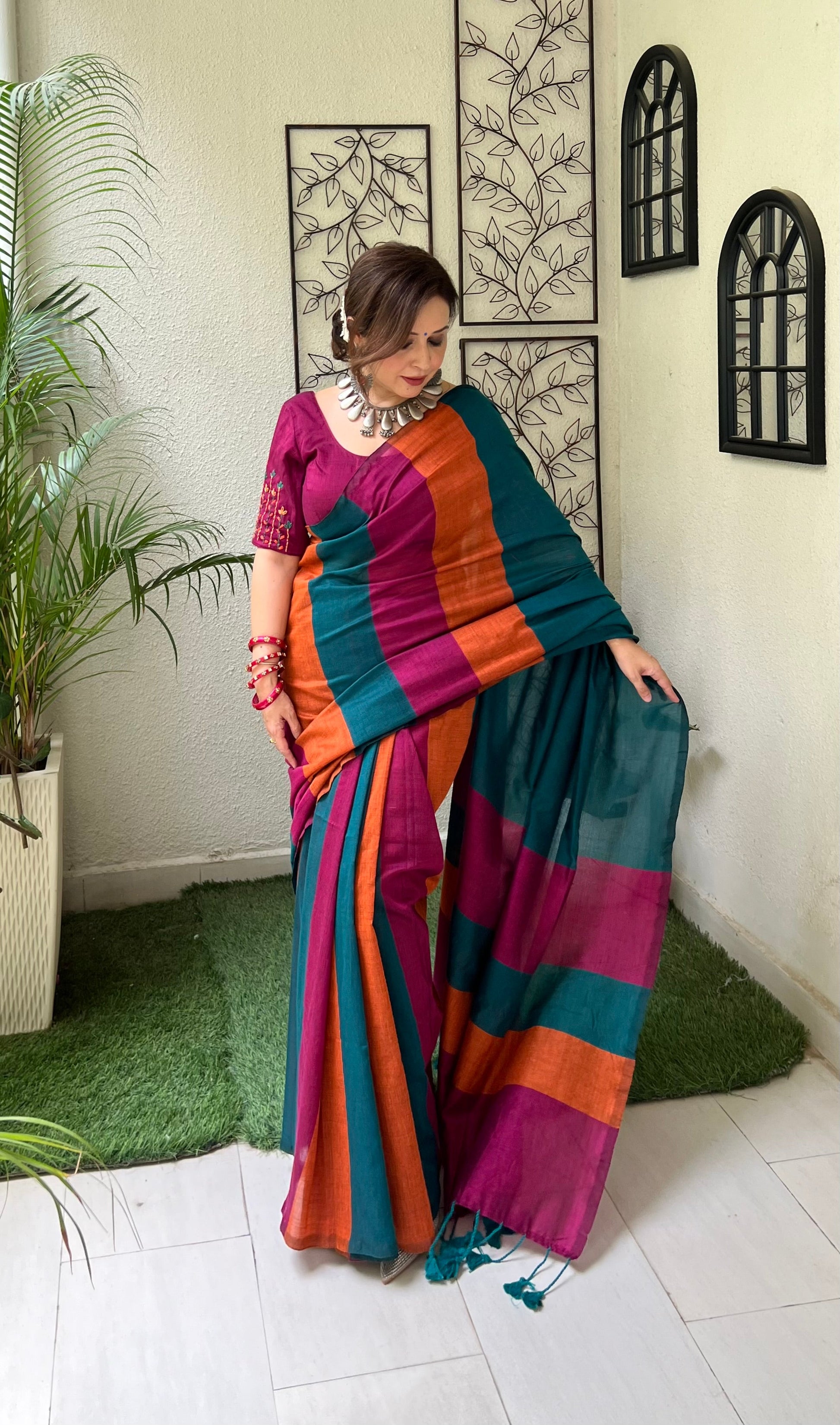 Handcrafted Multicolor Rust Orange Navy Rose Gold Cotton Striped Saree