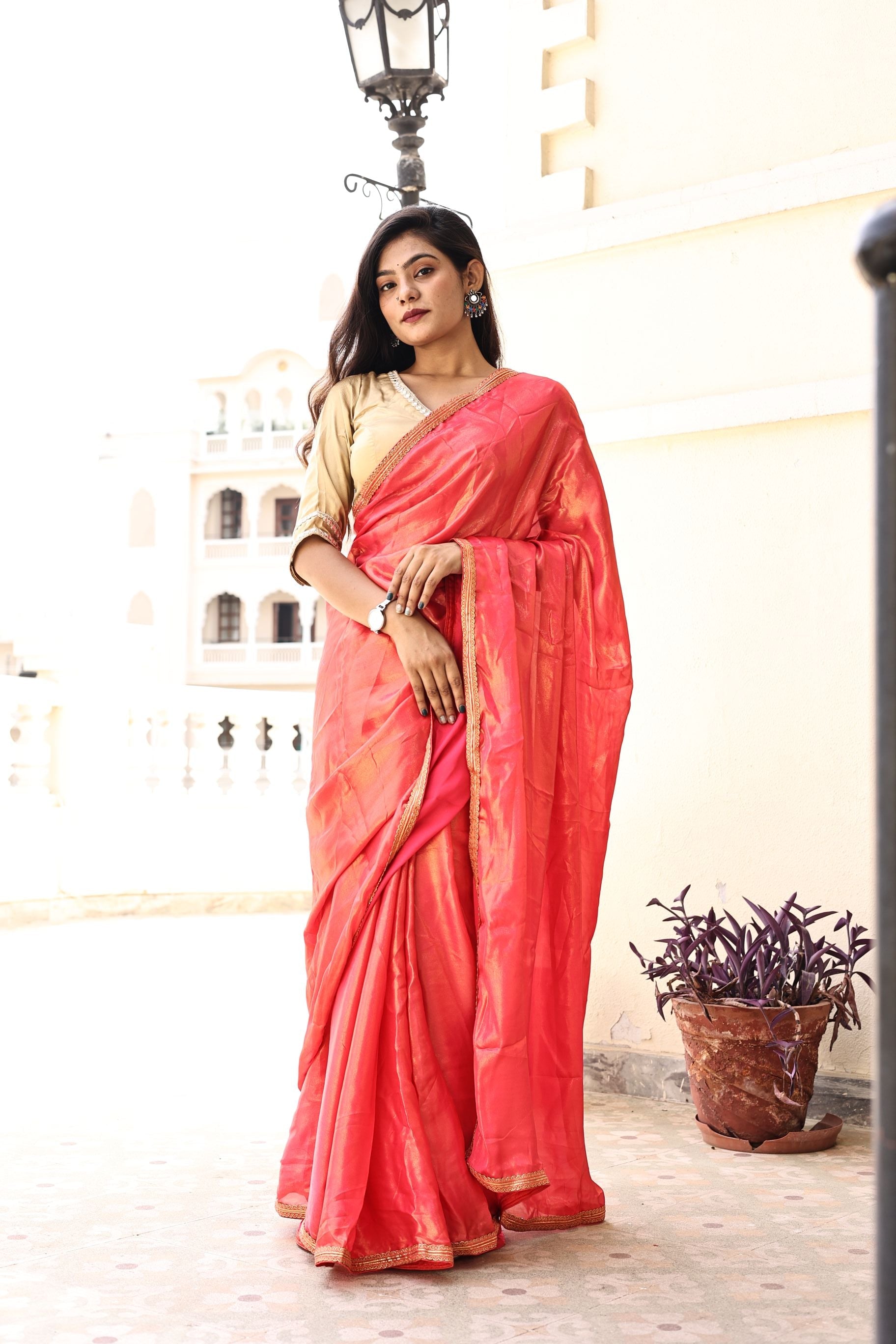 Gorgeous Red Pink Satin Georgette Saree with Lace Border