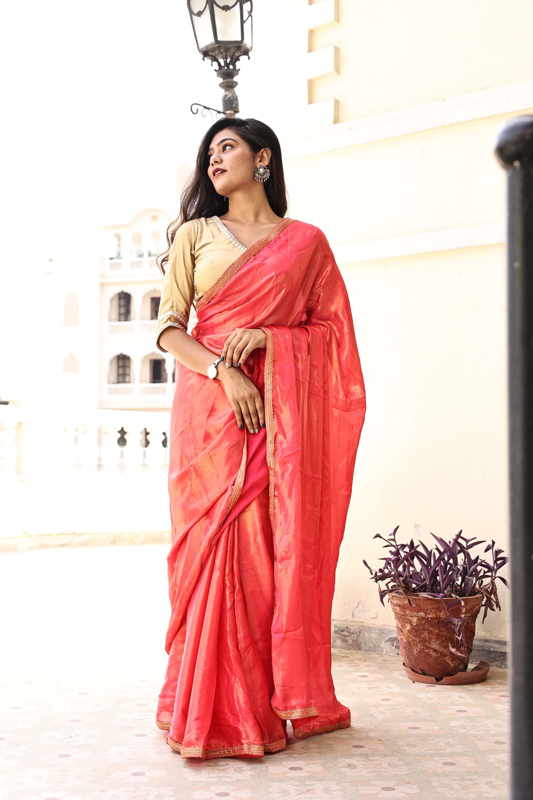Gorgeous Red Pink Satin Georgette Saree with Lace Border