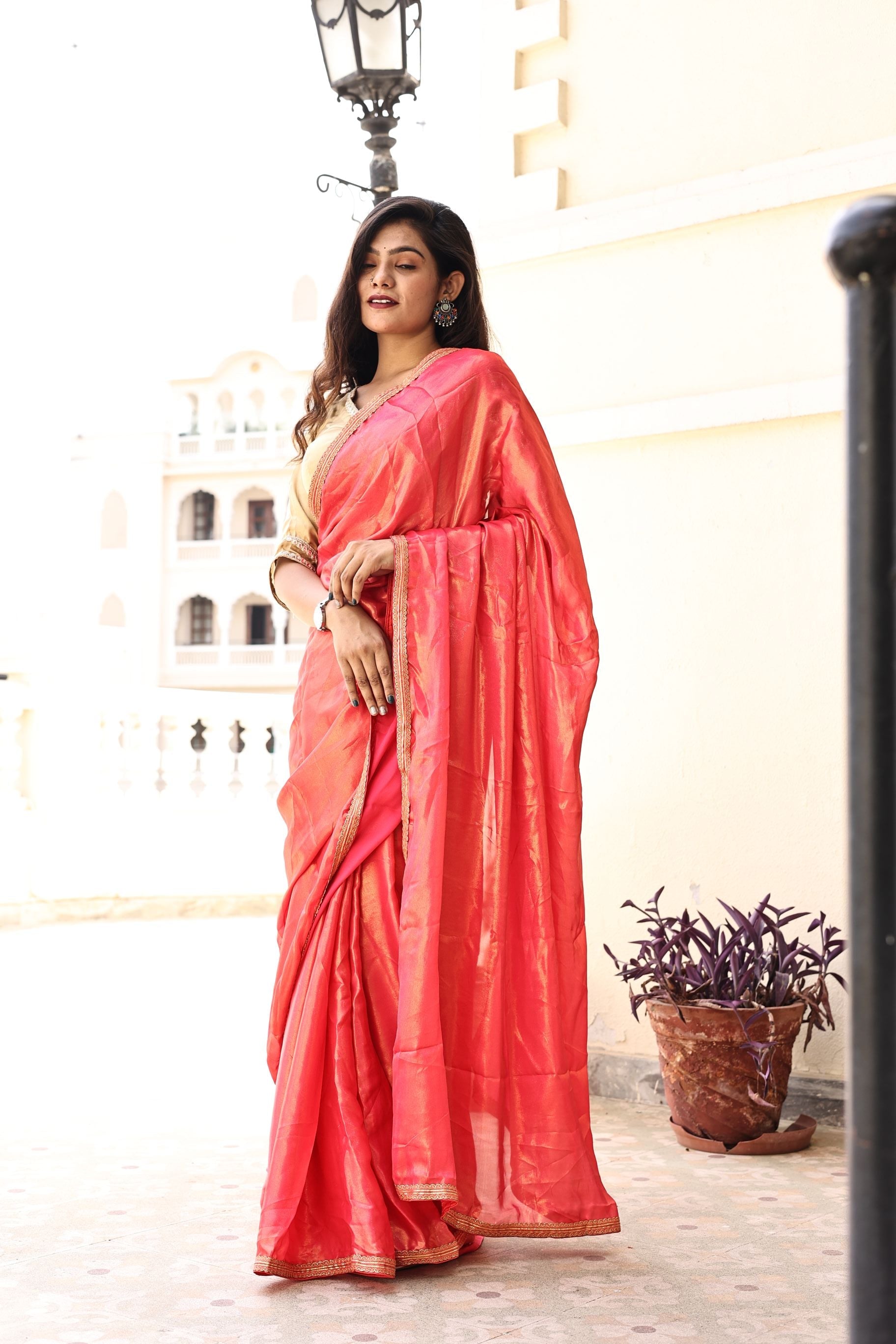 Gorgeous Red Pink Satin Georgette Saree with Lace Border