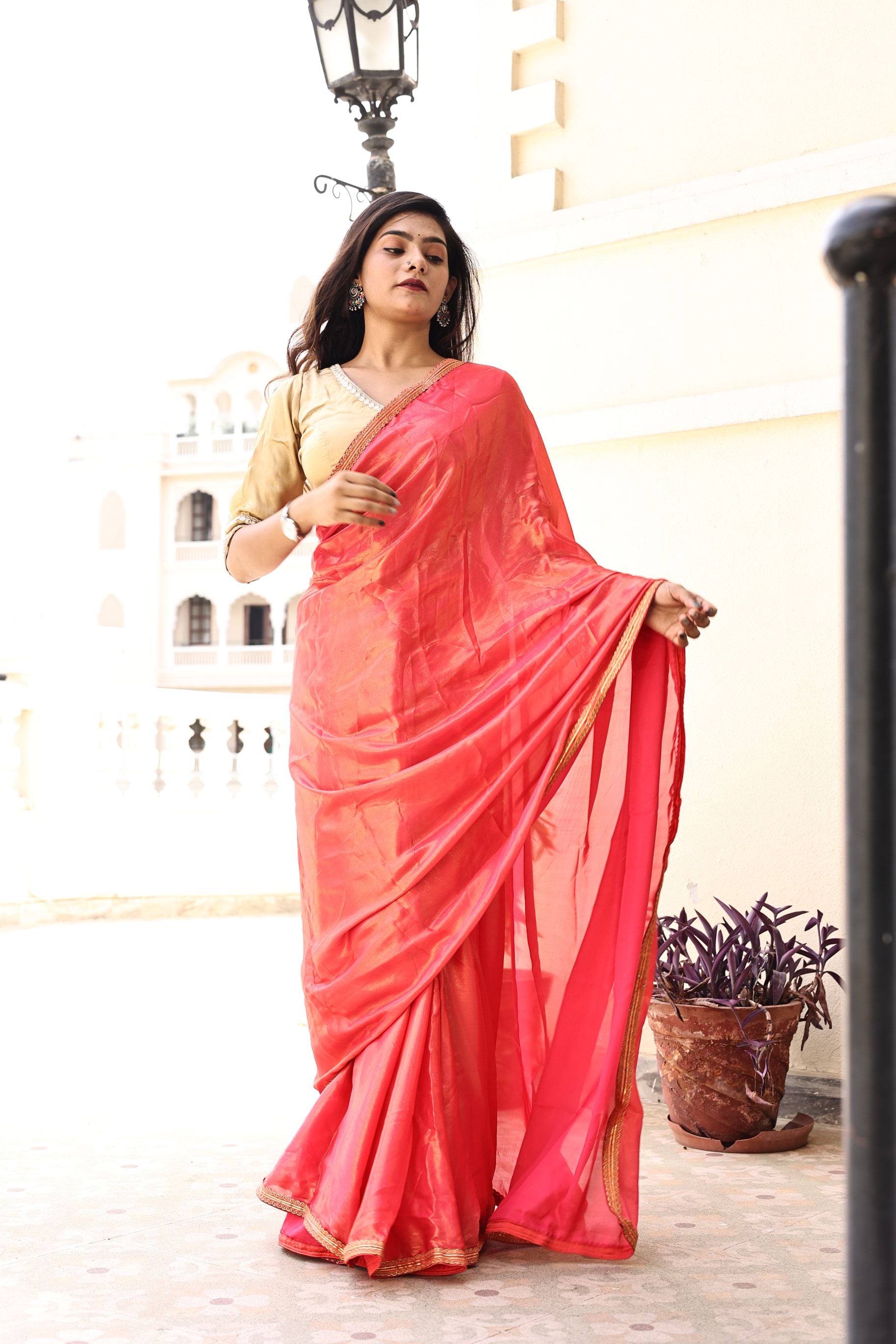 Gorgeous Red Pink Satin Georgette Saree with Lace Border