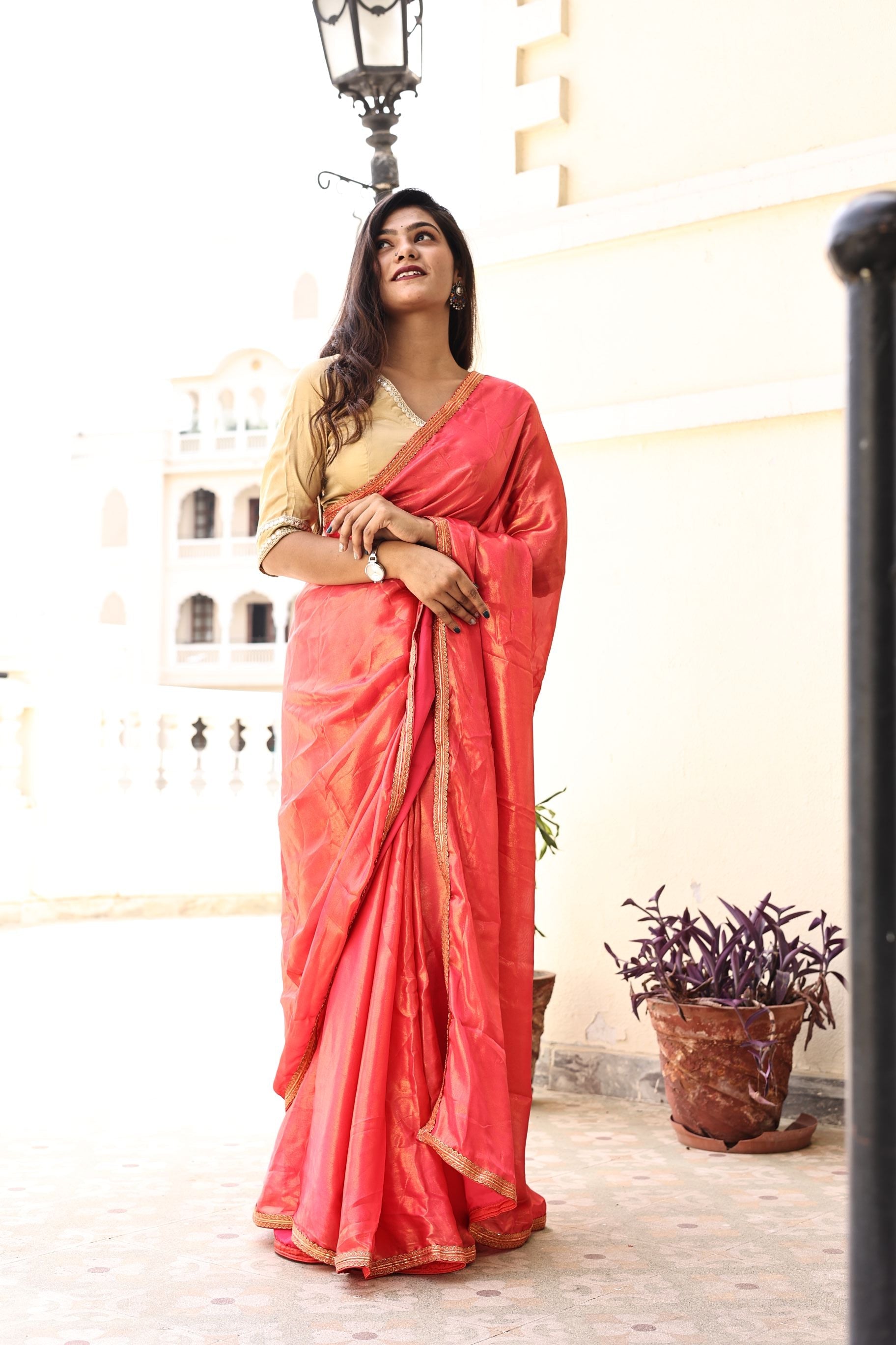 Gorgeous Red Pink Satin Georgette Saree with Lace Border
