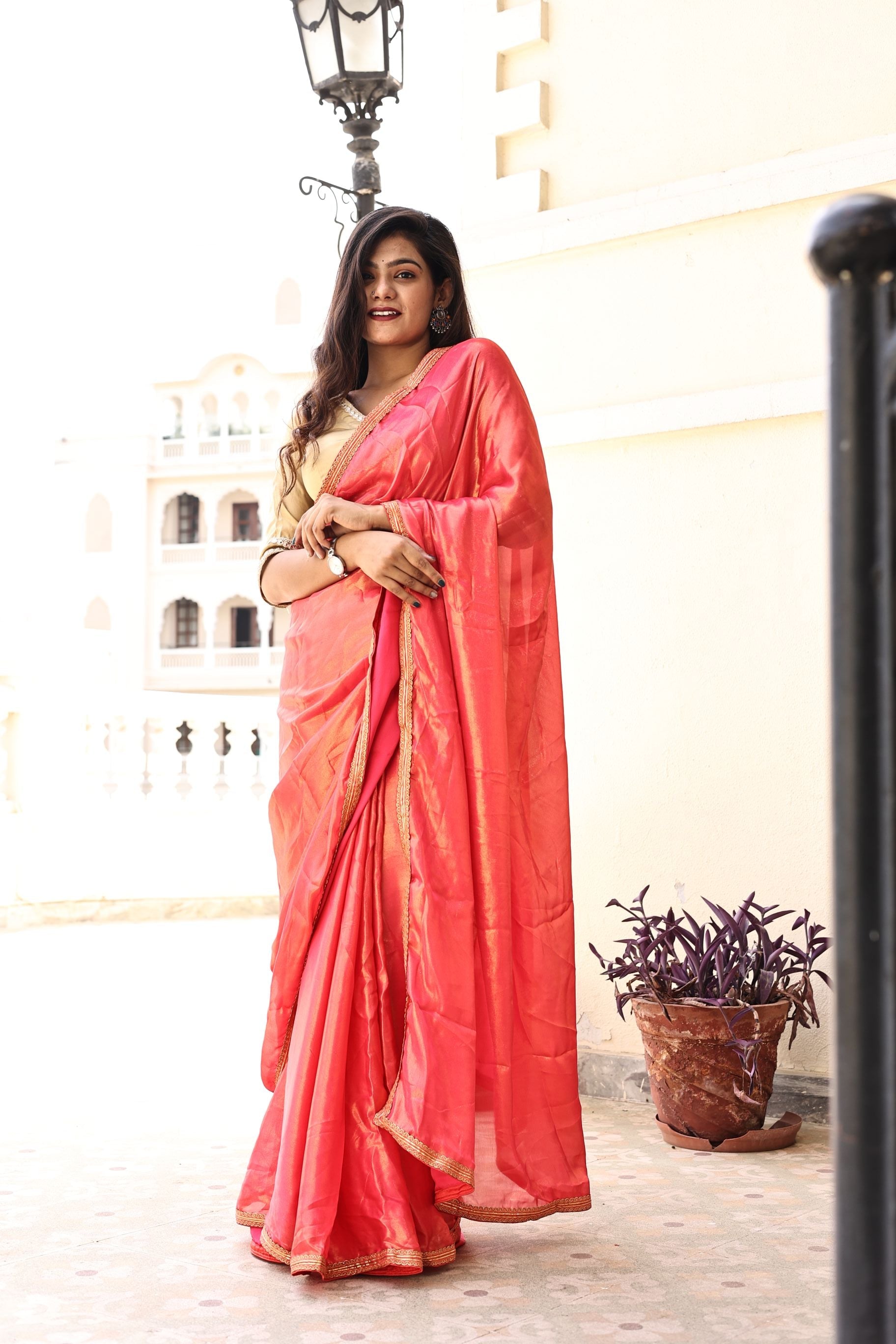 Gorgeous Red Pink Satin Georgette Saree with Lace Border