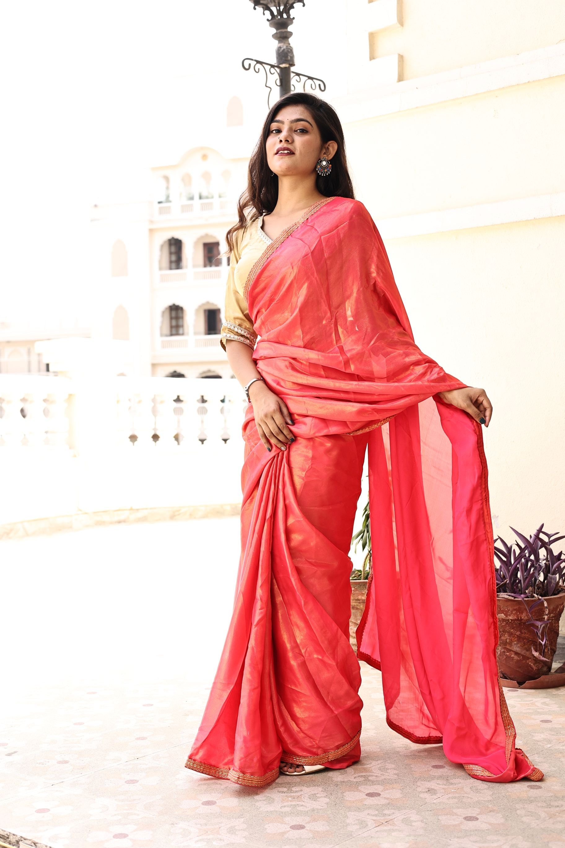 Gorgeous Red Pink Satin Georgette Saree with Lace Border