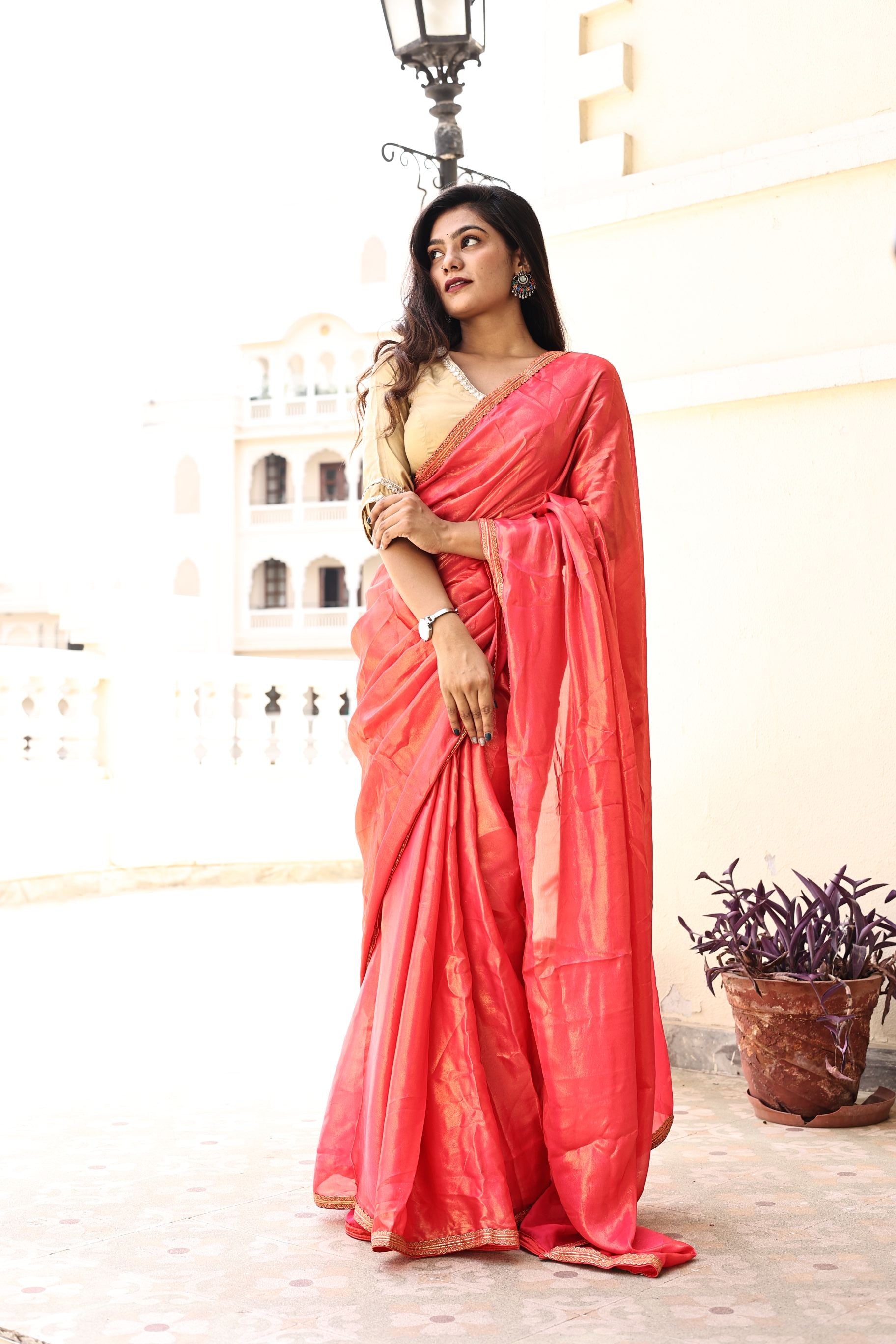 Gorgeous Red Pink Satin Georgette Saree with Lace Border