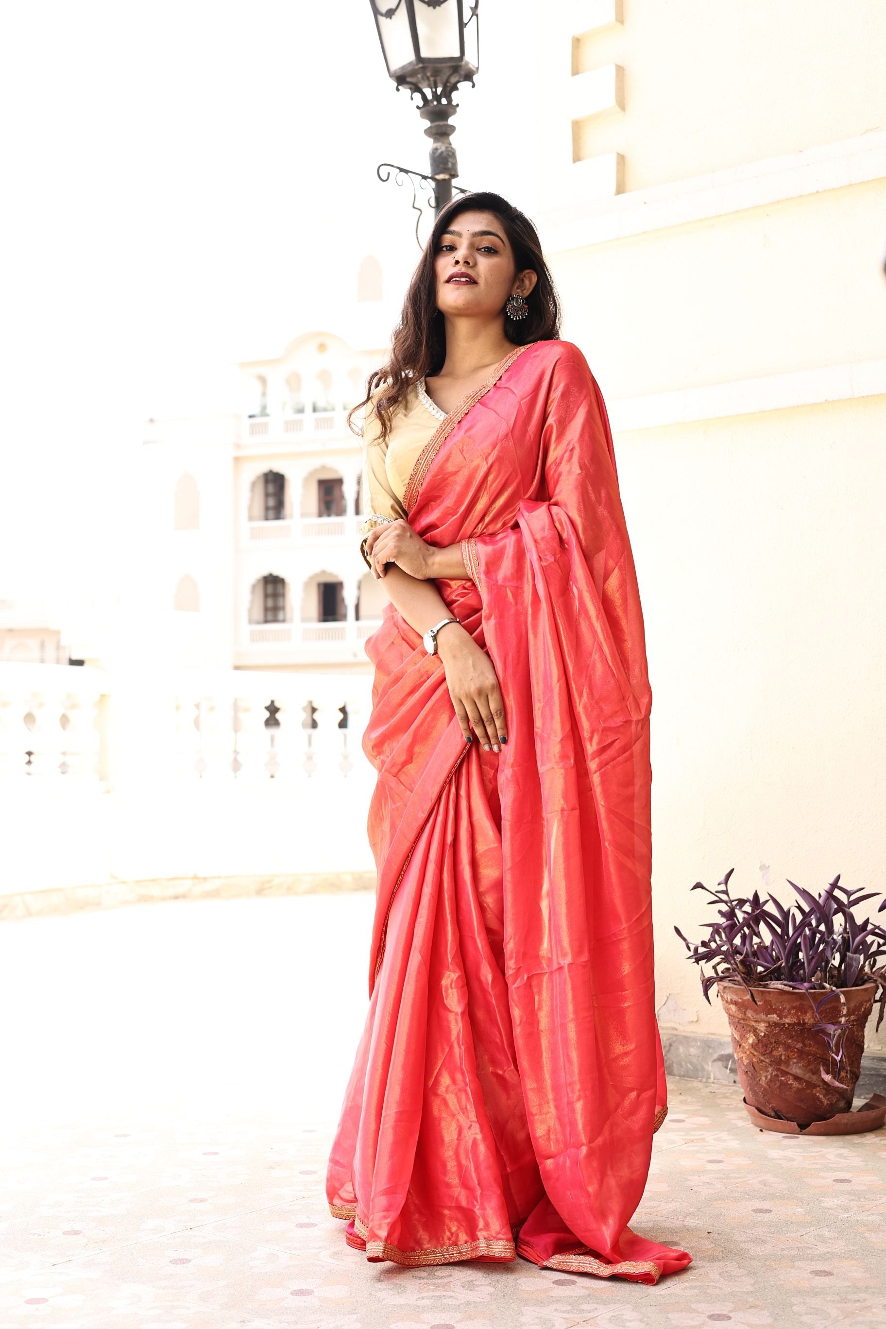 Gorgeous Red Pink Satin Georgette Saree with Lace Border