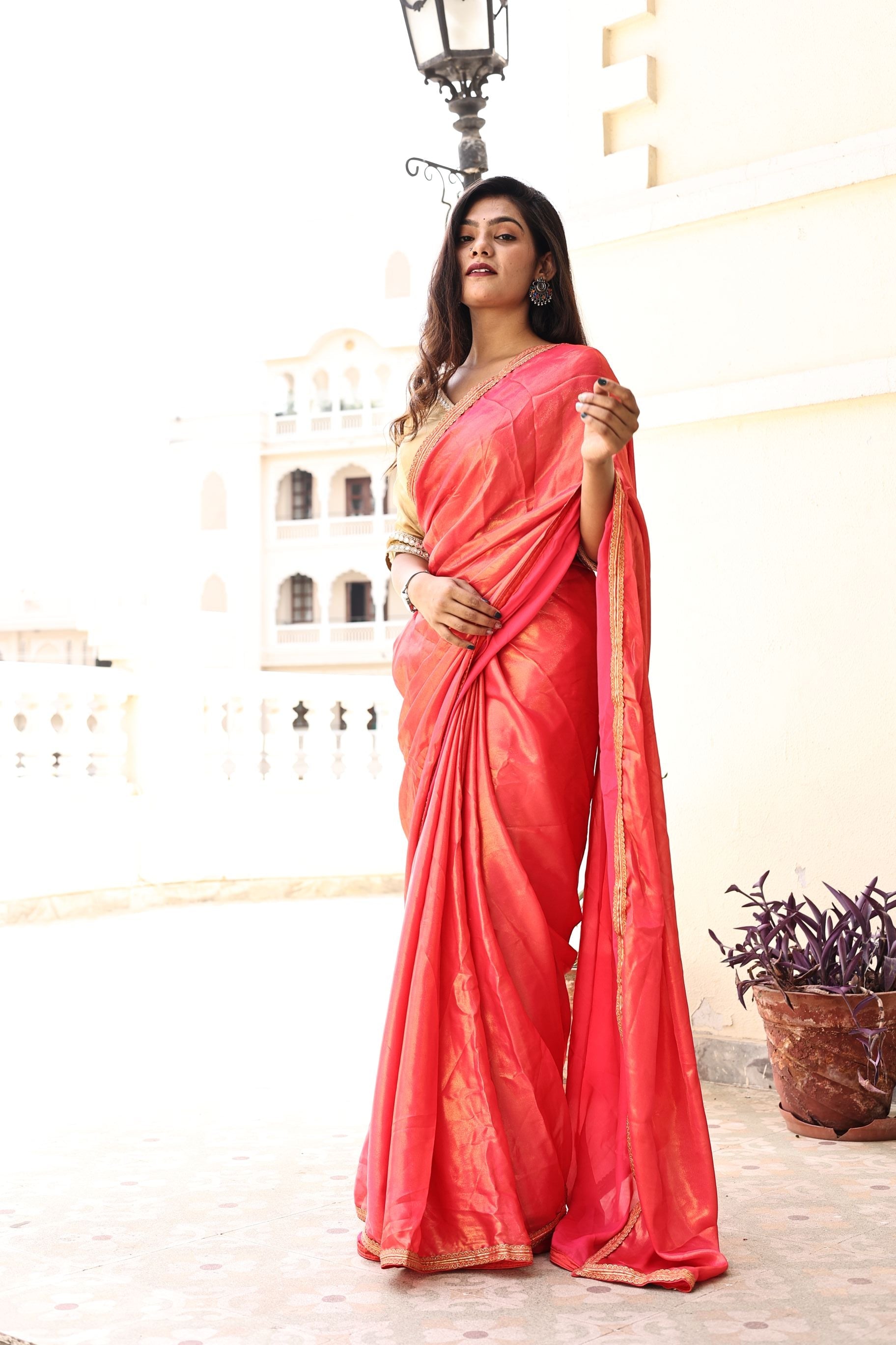 Gorgeous Red Pink Satin Georgette Saree with Lace Border