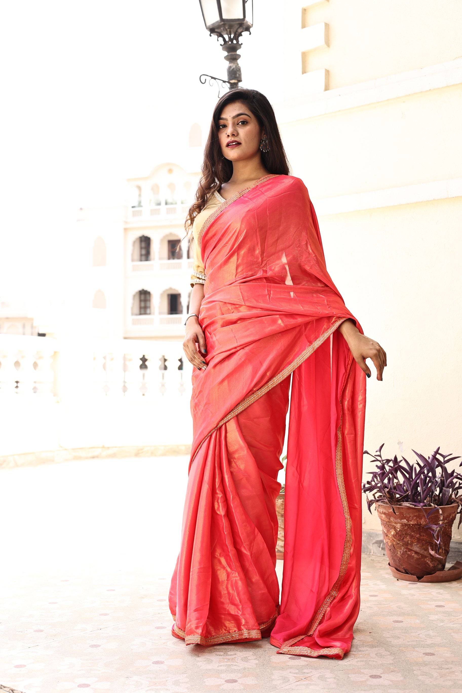 Gorgeous Red Pink Satin Georgette Saree with Lace Border