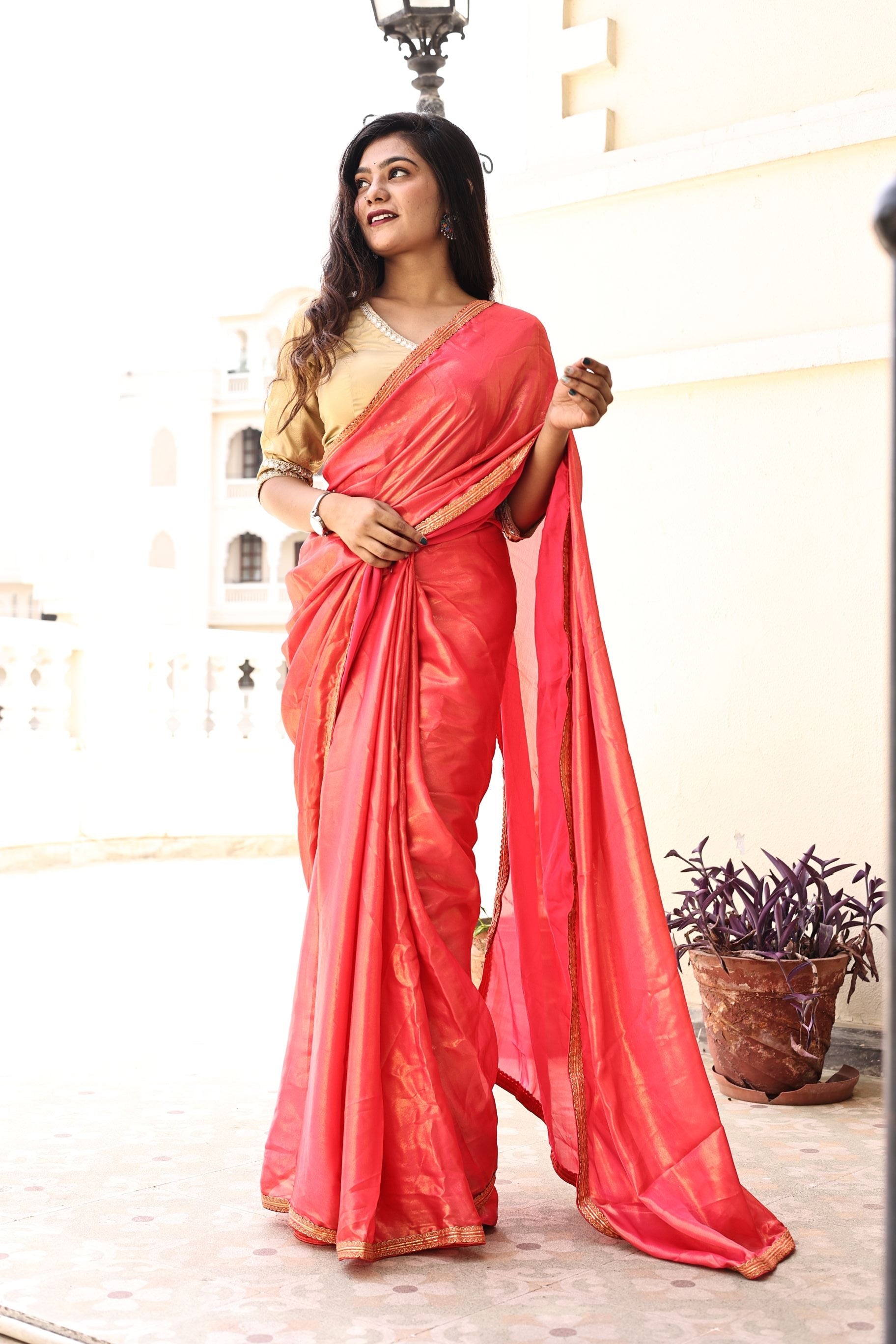 Gorgeous Red Pink Satin Georgette Saree with Lace Border