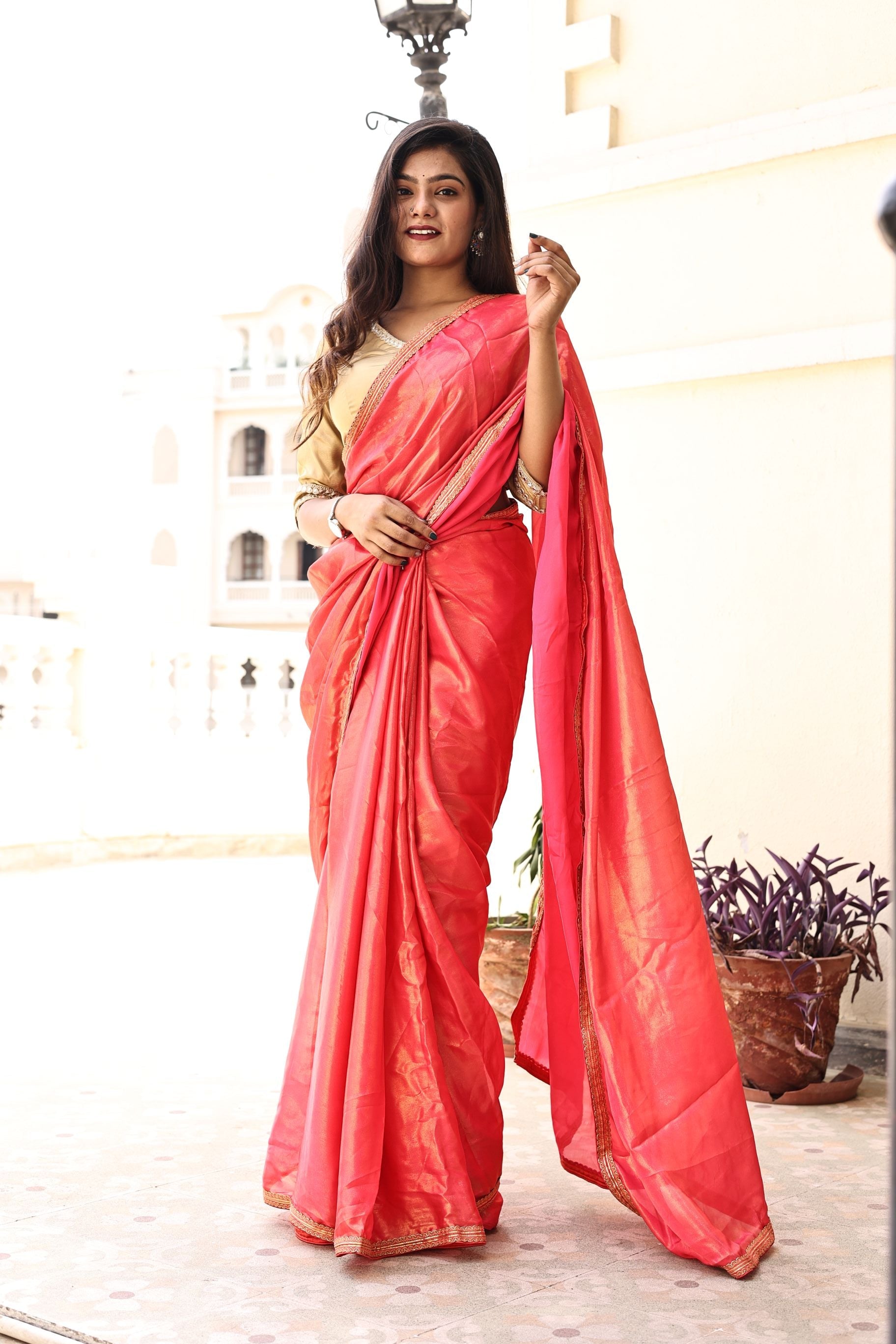 Gorgeous Red Pink Satin Georgette Saree with Lace Border