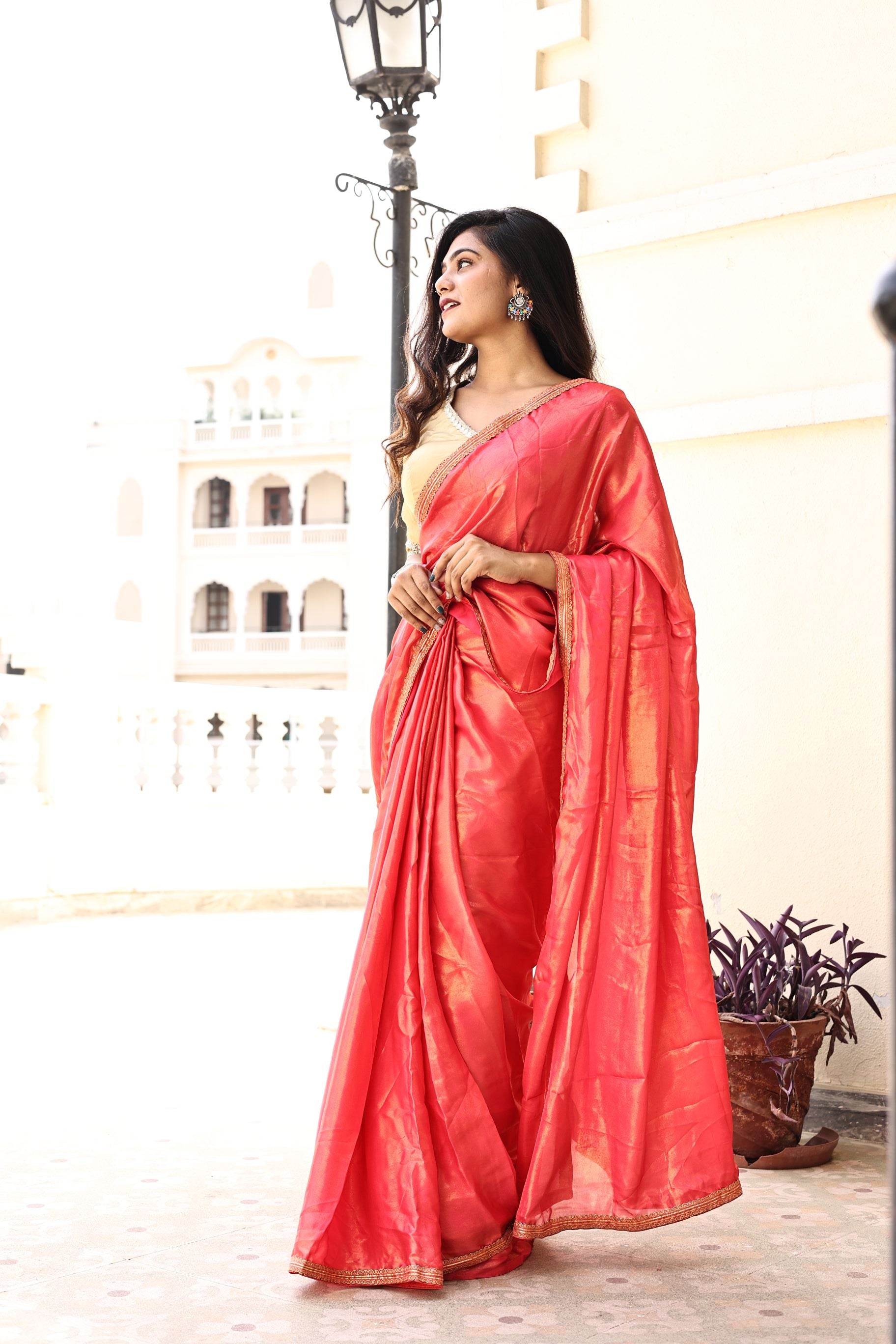 Gorgeous Red Pink Satin Georgette Saree with Lace Border