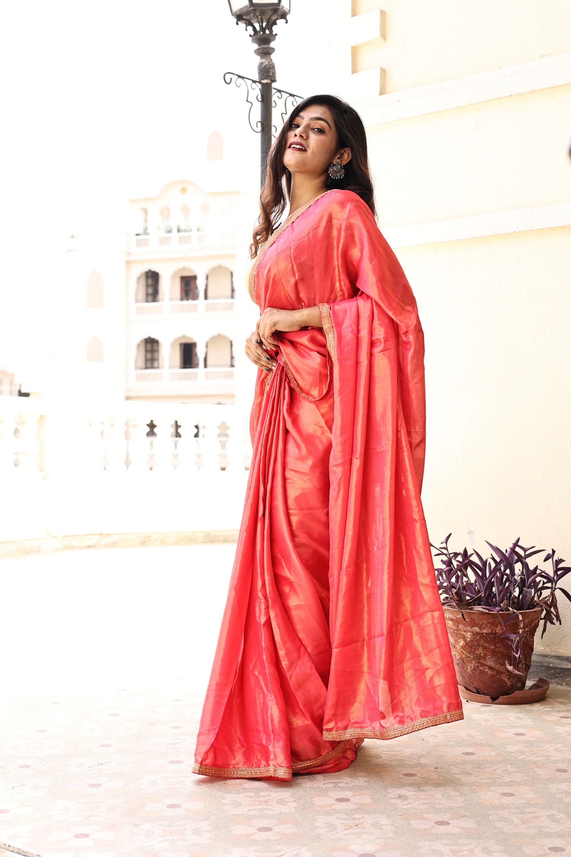 Gorgeous Red Pink Satin Georgette Saree with Lace Border