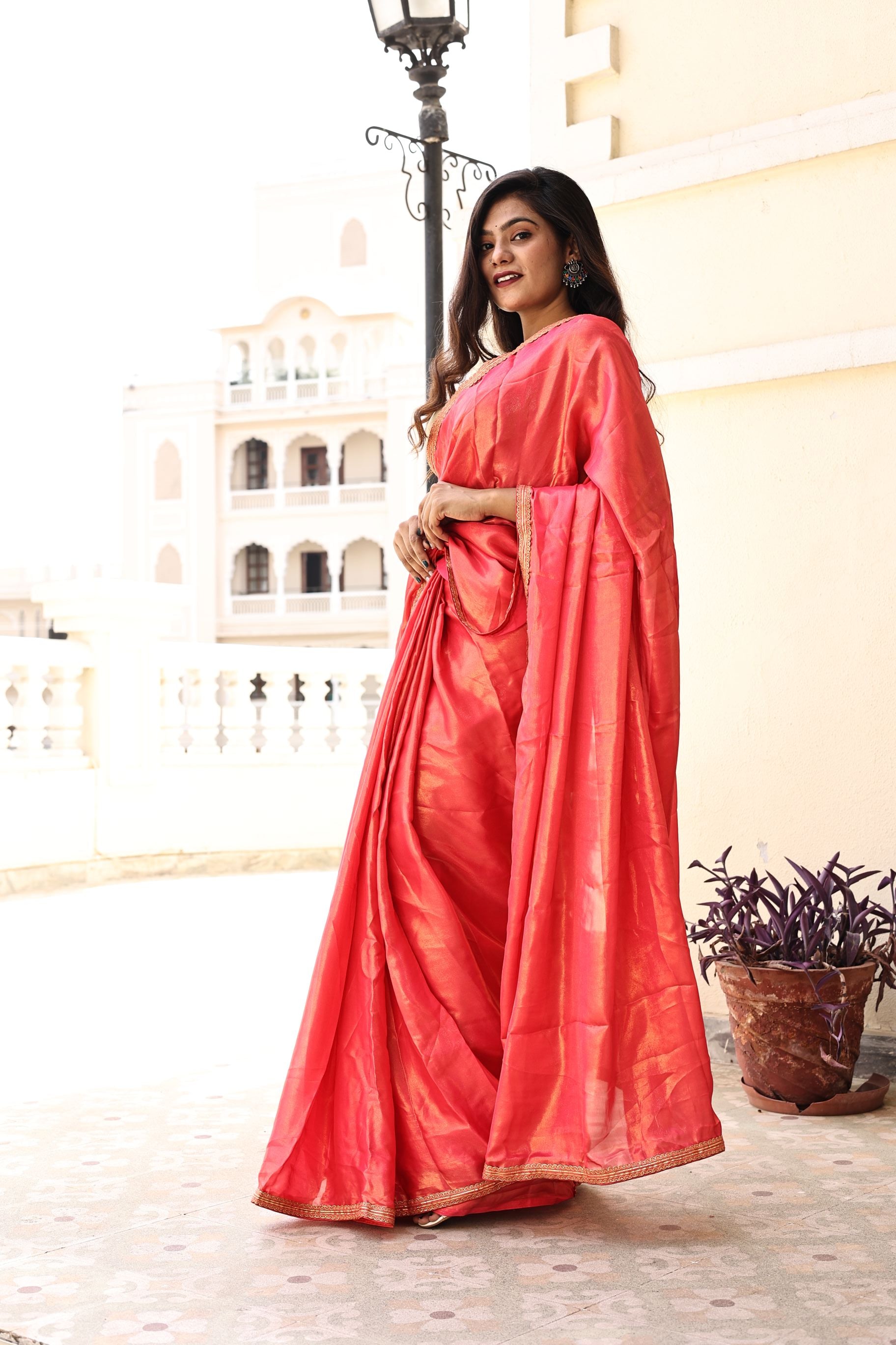 Gorgeous Red Pink Satin Georgette Saree with Lace Border
