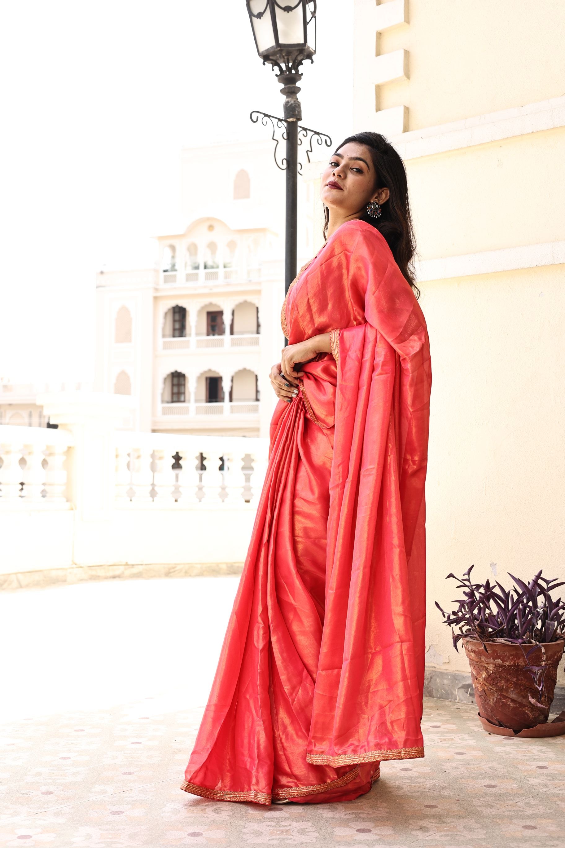Gorgeous Red Pink Satin Georgette Saree with Lace Border