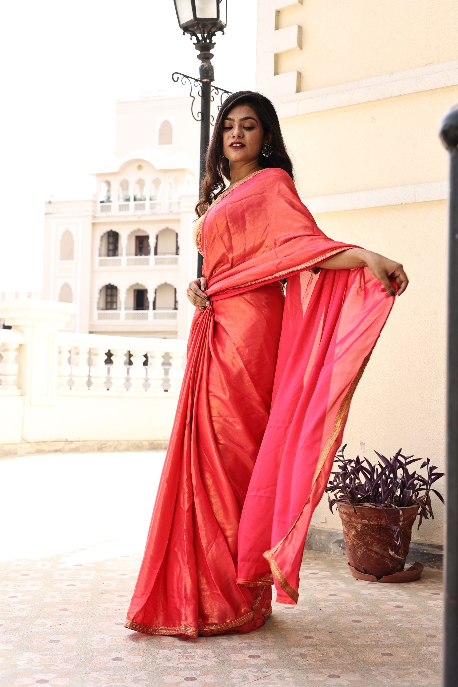 Gorgeous Red Pink Satin Georgette Saree with Lace Border