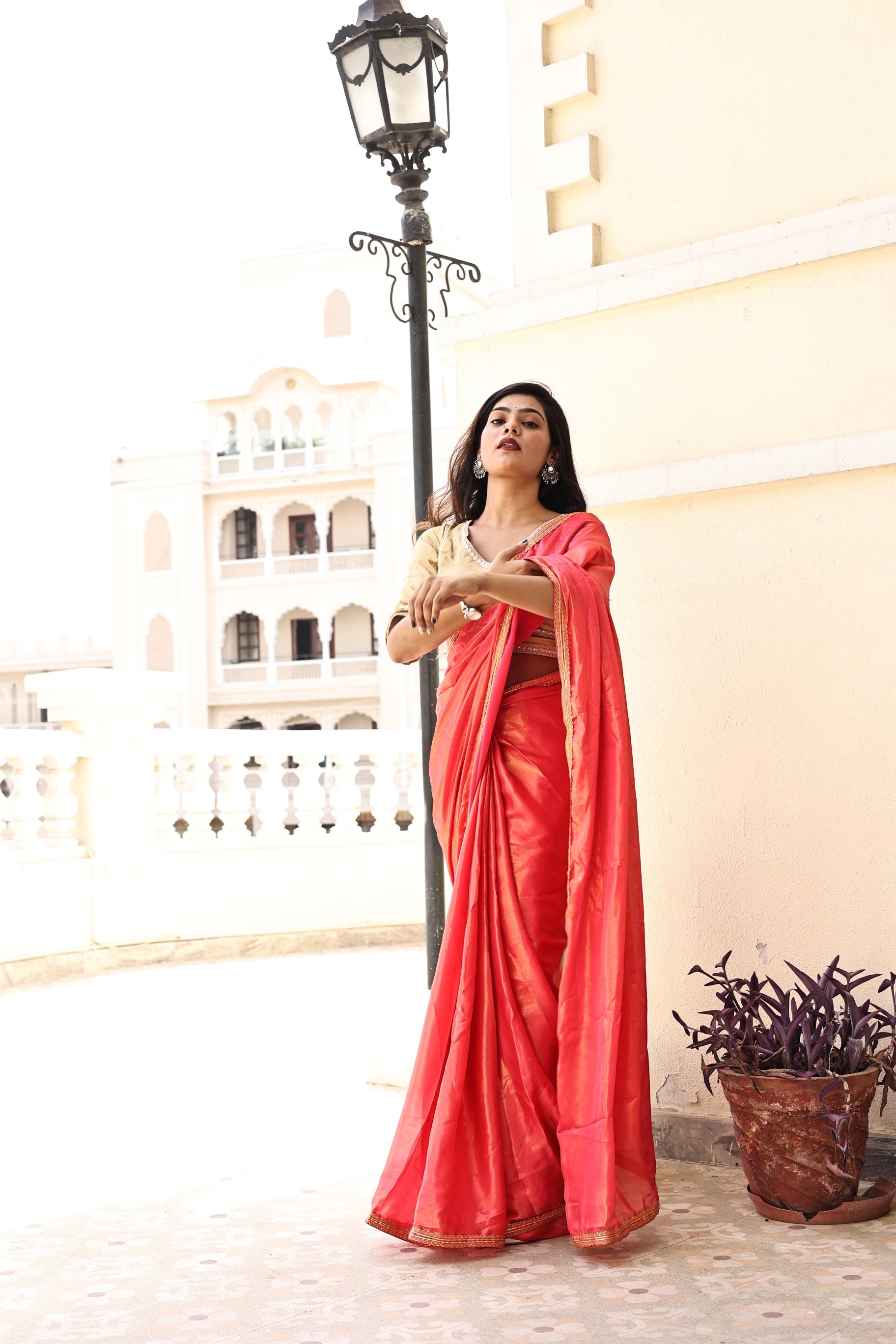 Gorgeous Red Pink Satin Georgette Saree with Lace Border