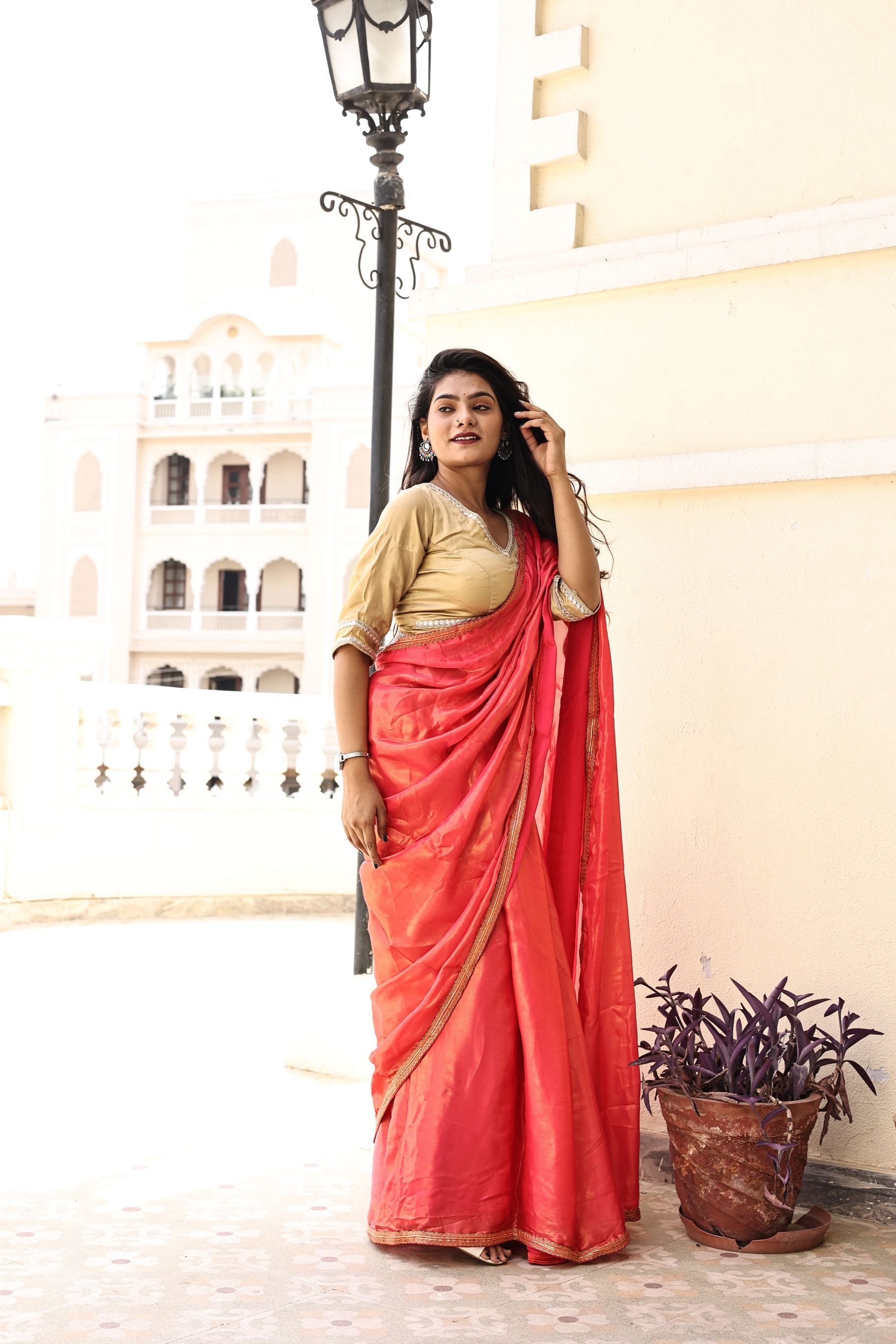 Gorgeous Red Pink Satin Georgette Saree with Lace Border