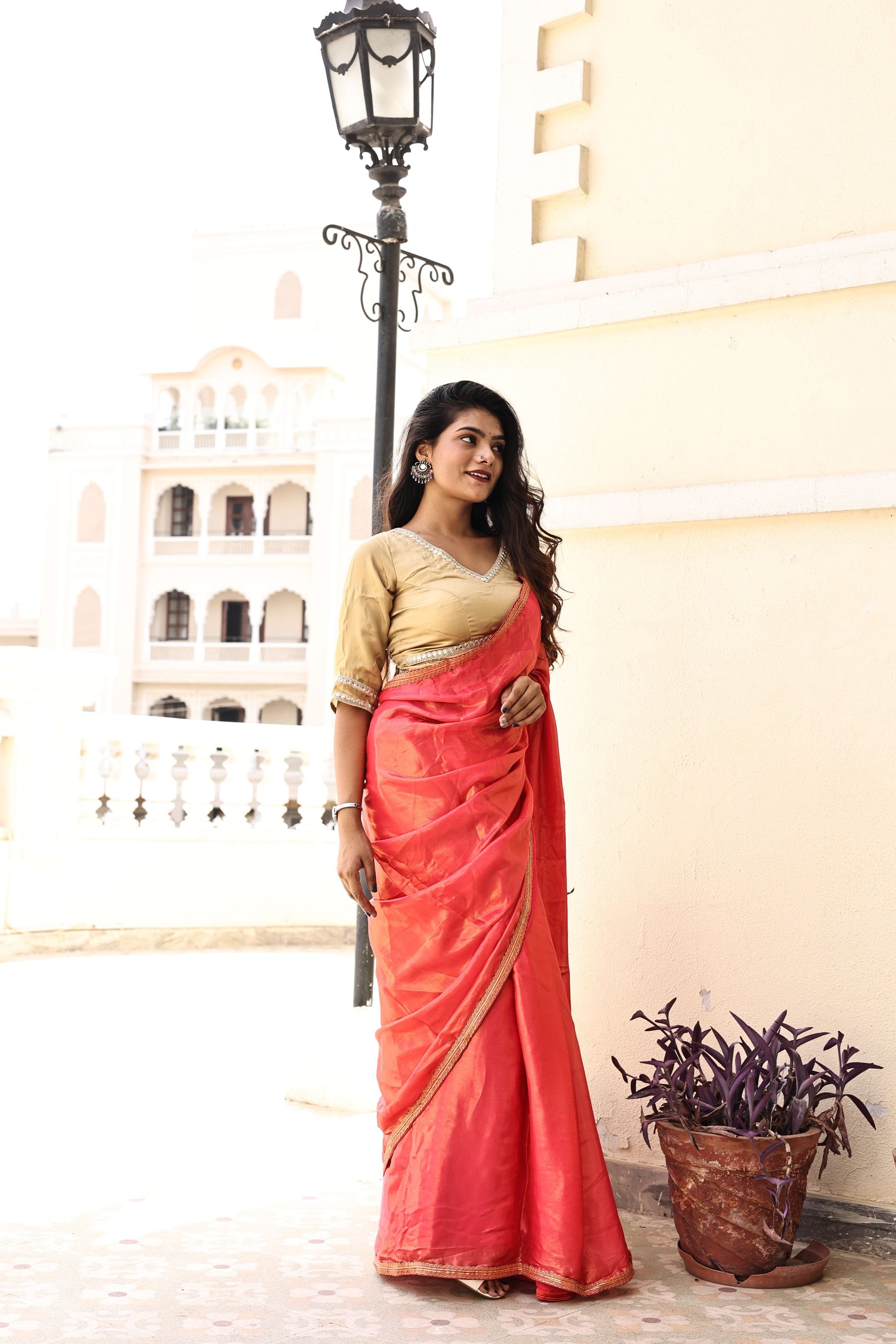 Gorgeous Red Pink Satin Georgette Saree with Lace Border