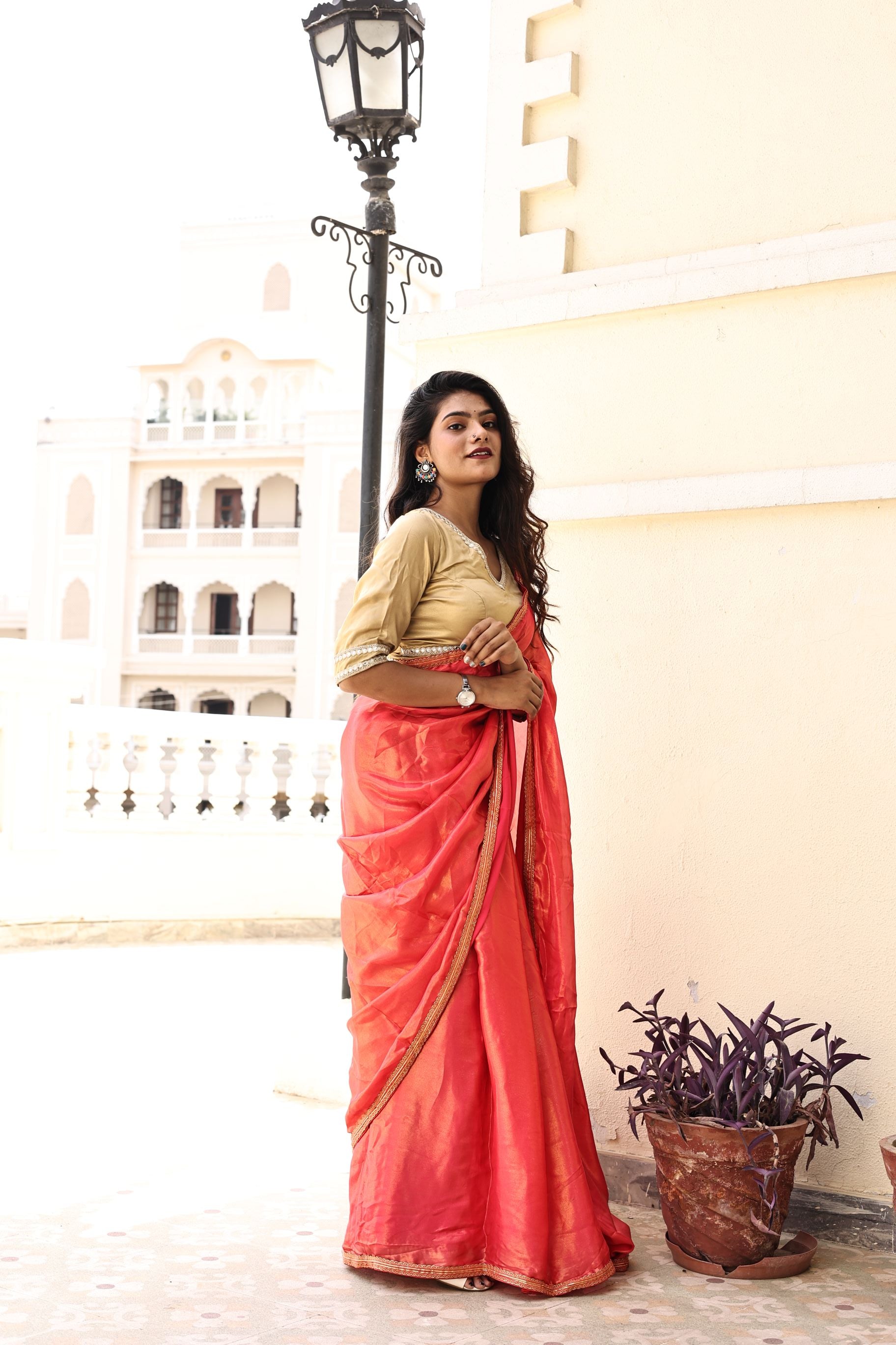 Gorgeous Red Pink Satin Georgette Saree with Lace Border