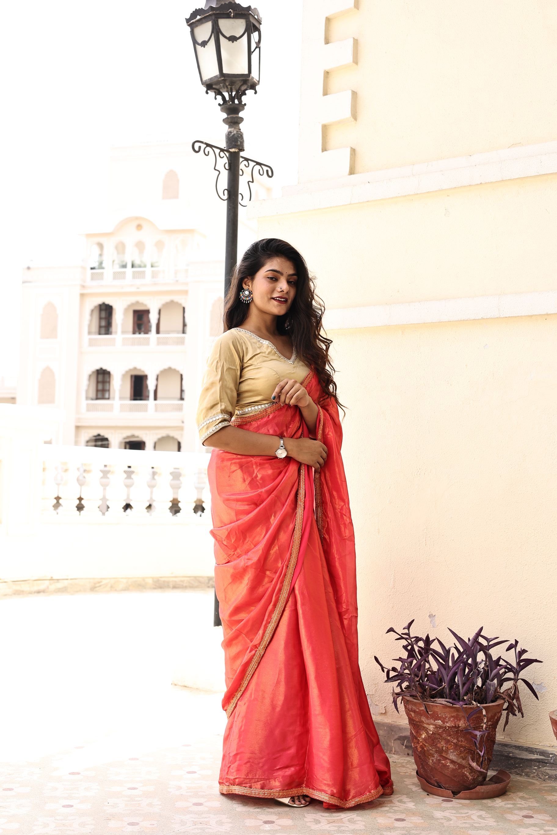 Gorgeous Red Pink Satin Georgette Saree with Lace Border