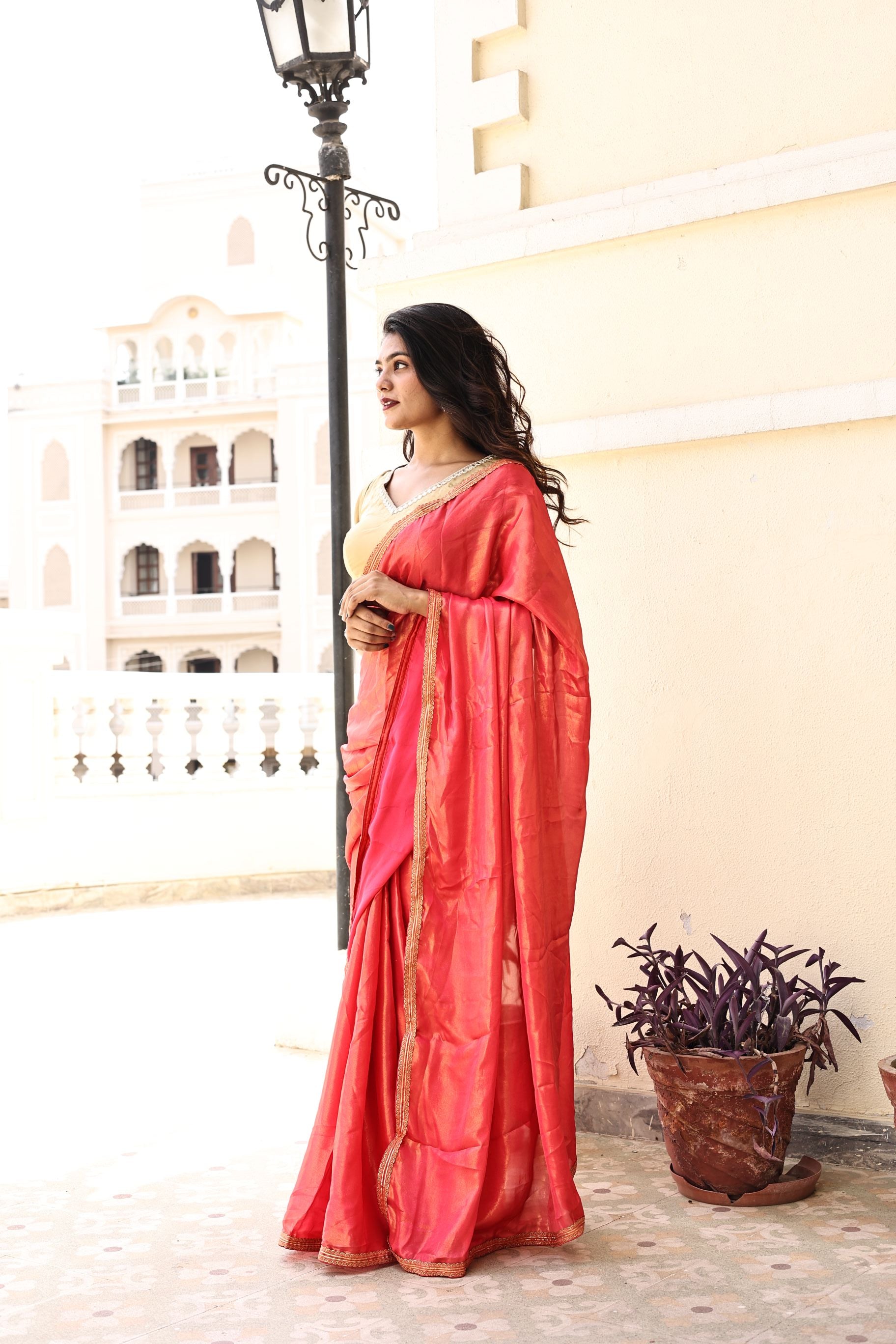 Gorgeous Red Pink Satin Georgette Saree with Lace Border