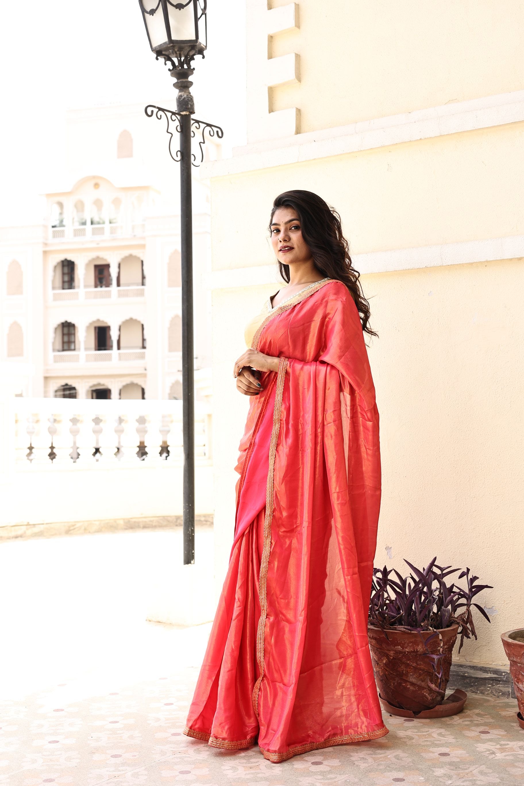 Gorgeous Red Pink Satin Georgette Saree with Lace Border