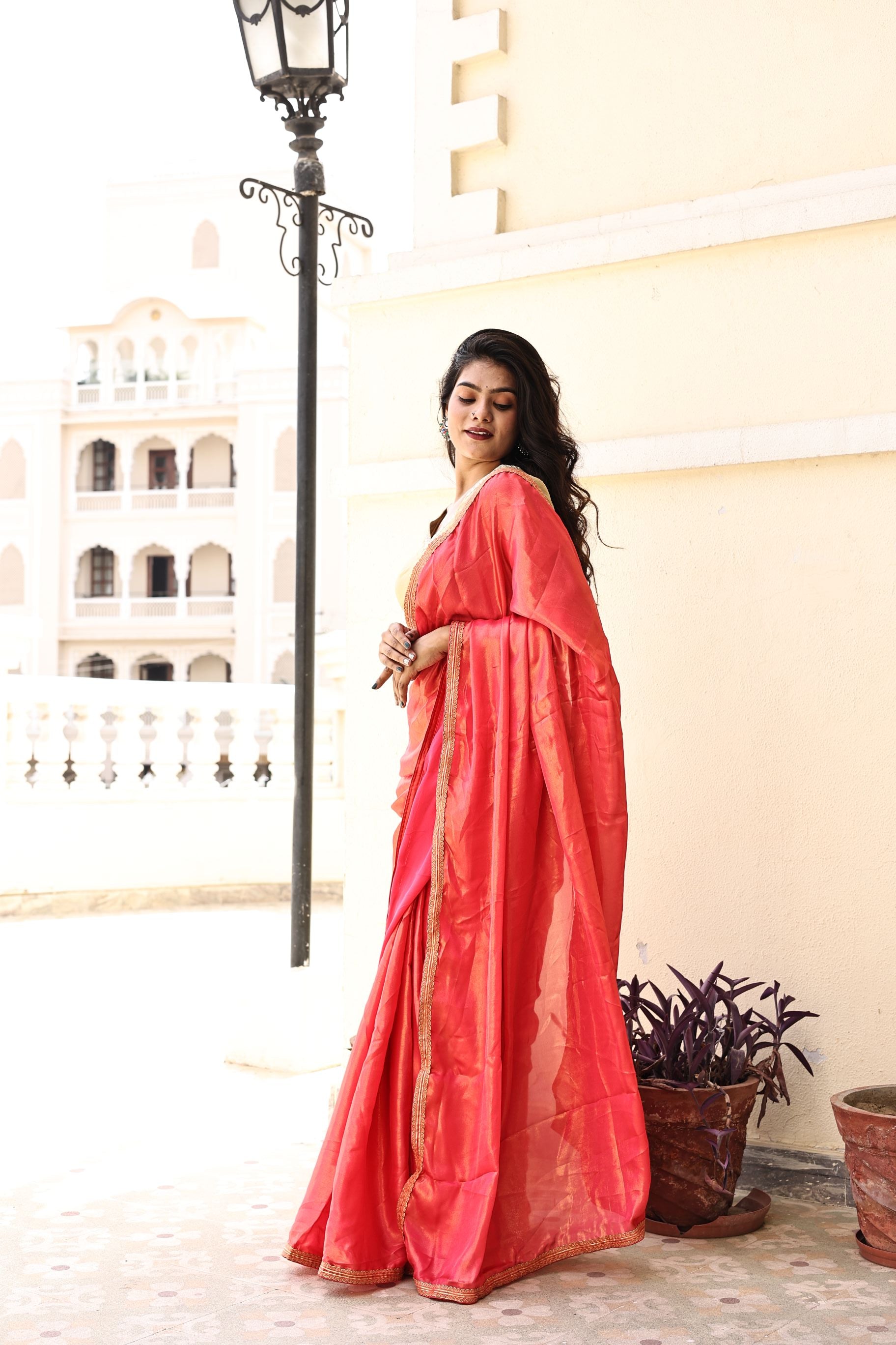 Gorgeous Red Pink Satin Georgette Saree with Lace Border
