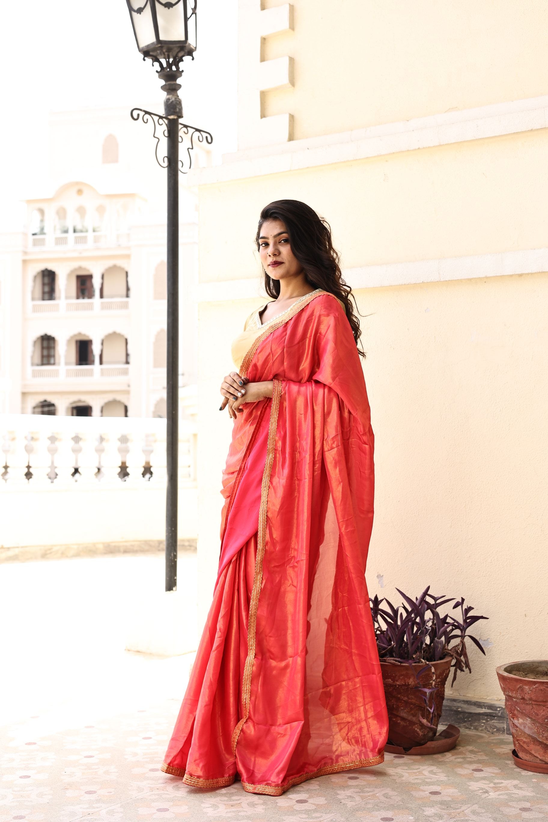 Gorgeous Red Pink Satin Georgette Saree with Lace Border