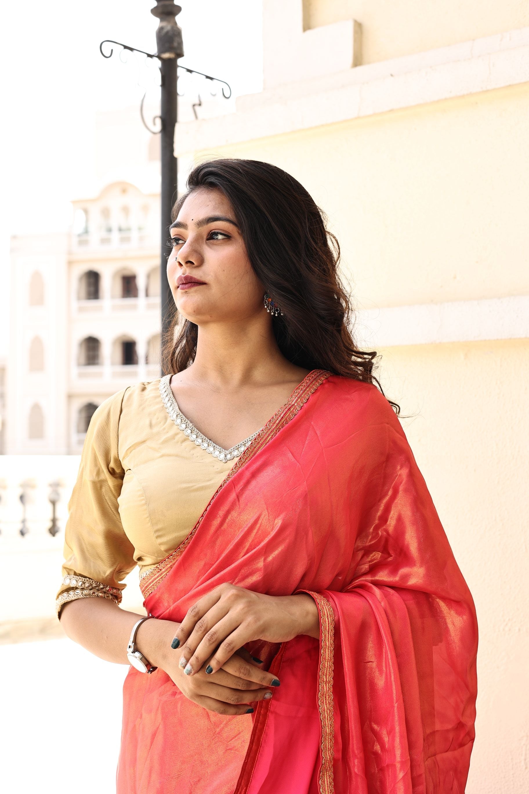 Gorgeous Red Pink Satin Georgette Saree with Lace Border
