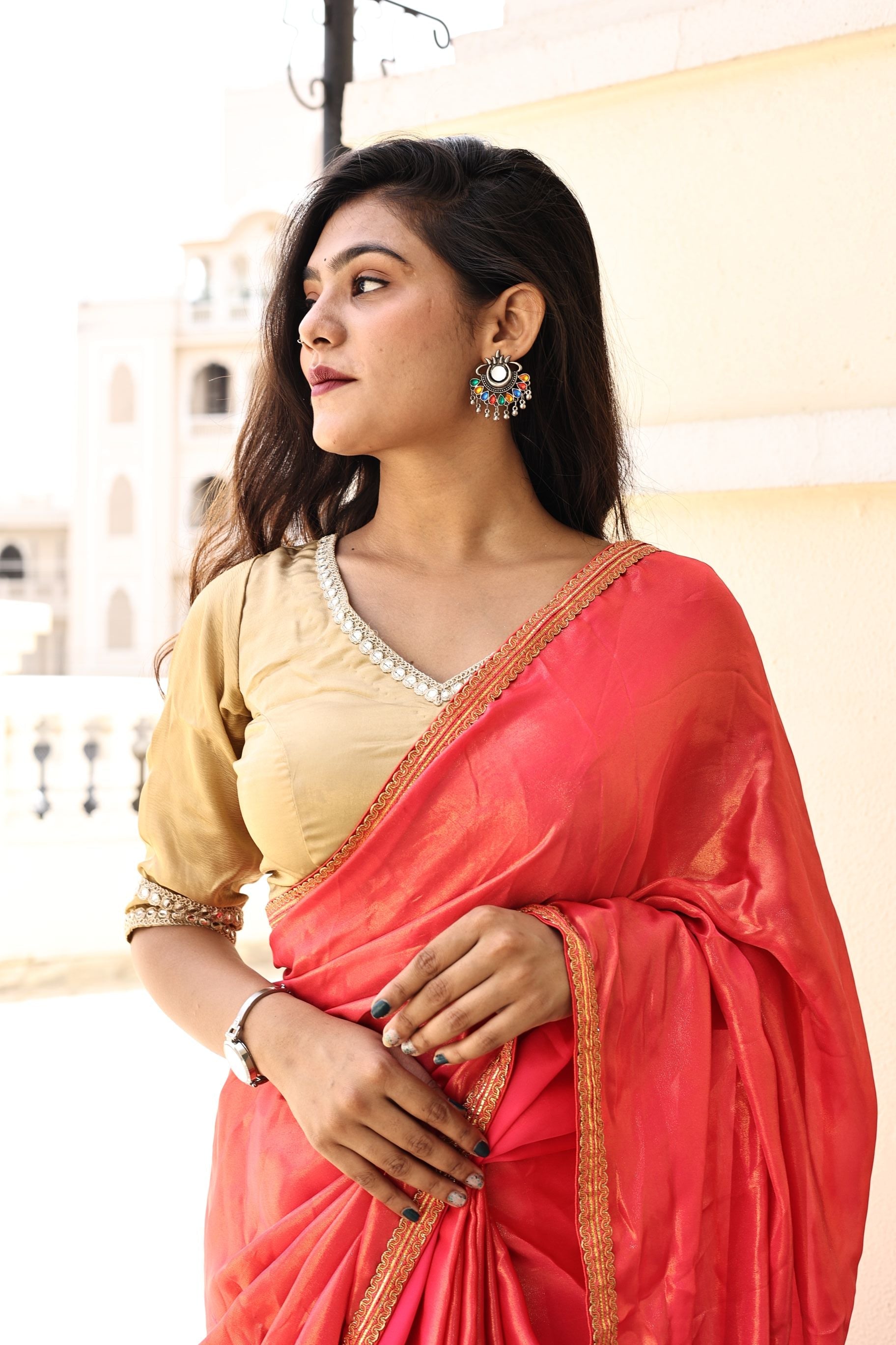 Gorgeous Red Pink Satin Georgette Saree with Lace Border