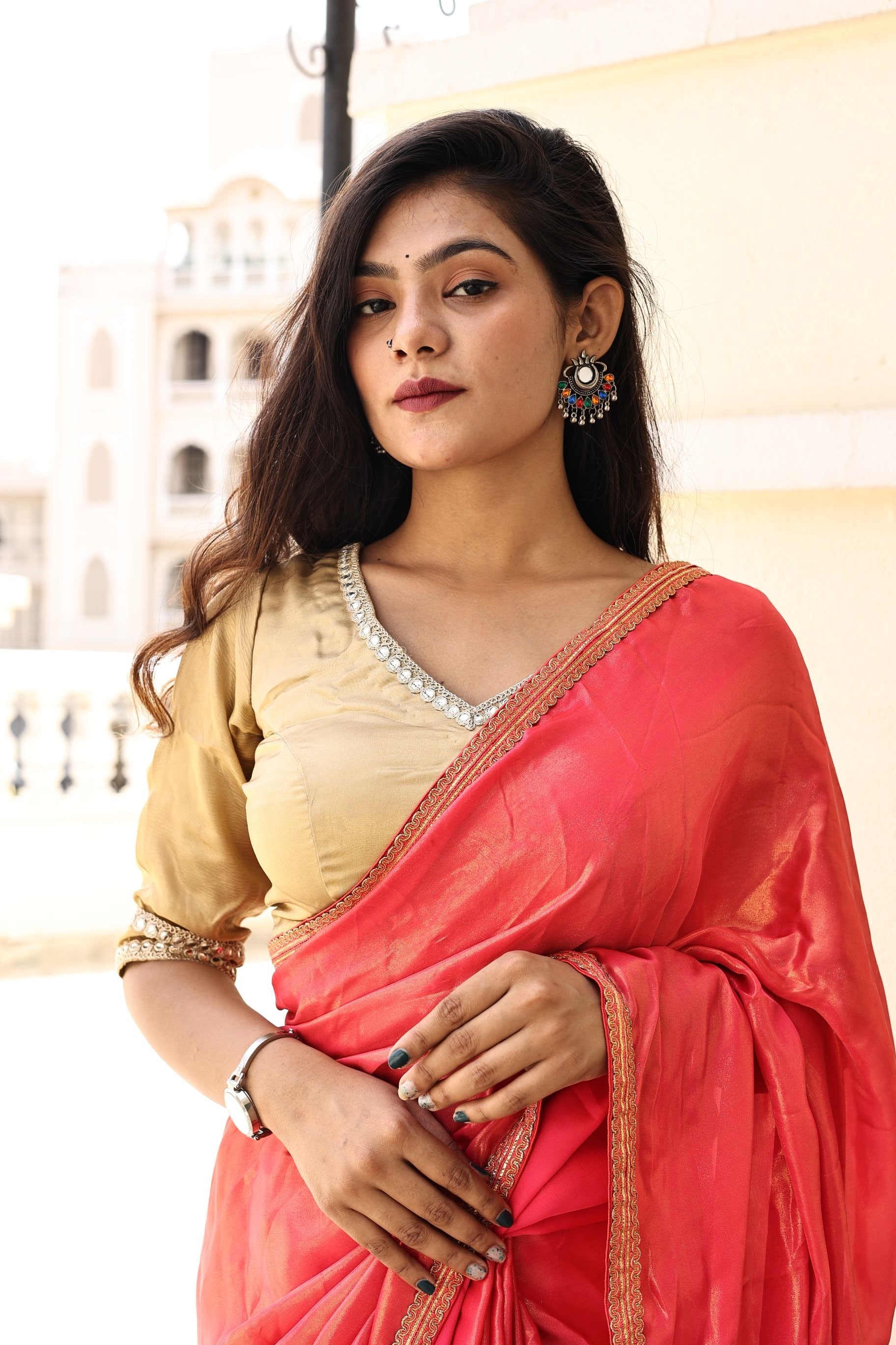 Gorgeous Red Pink Satin Georgette Saree with Lace Border