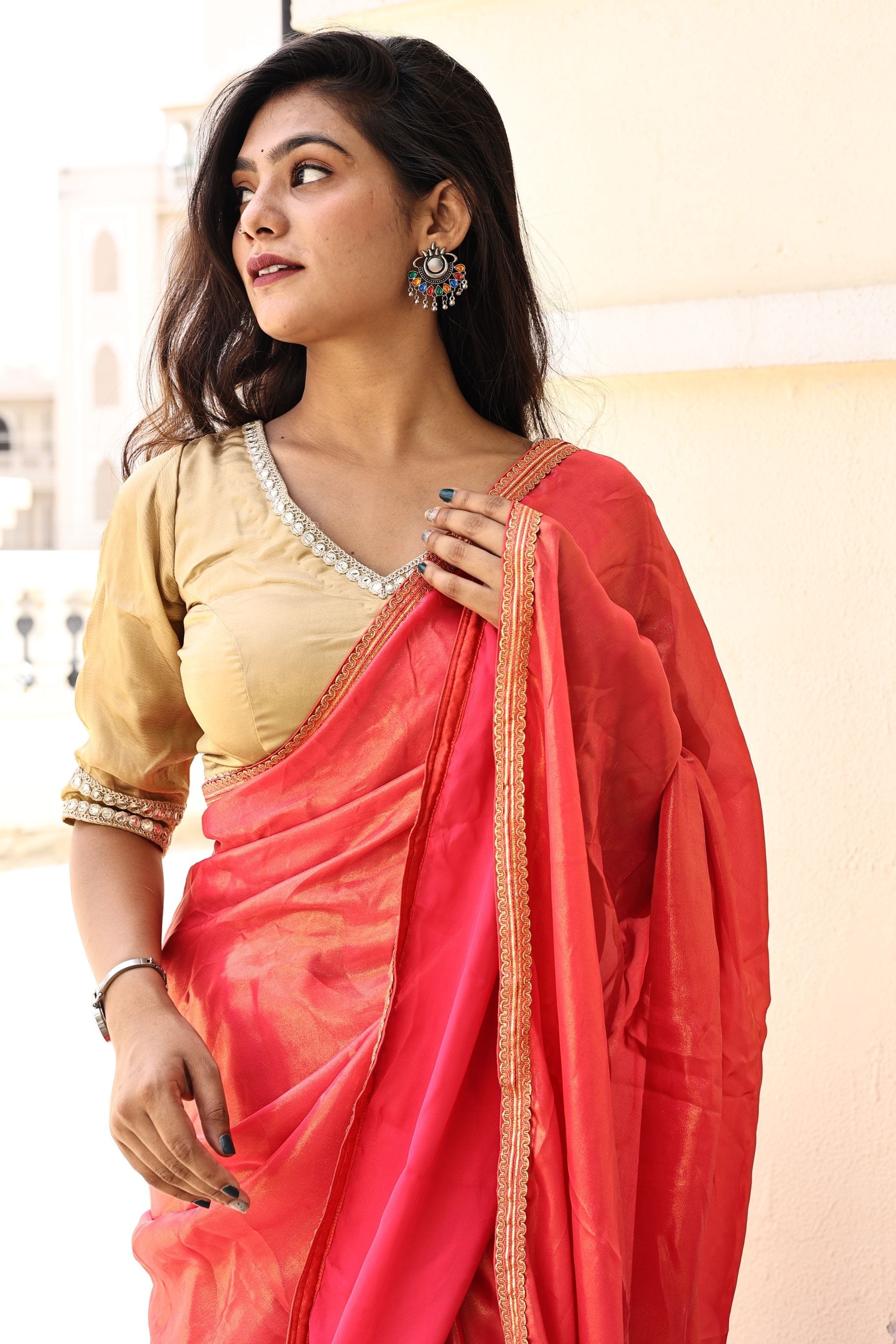 Gorgeous Red Pink Satin Georgette Saree with Lace Border