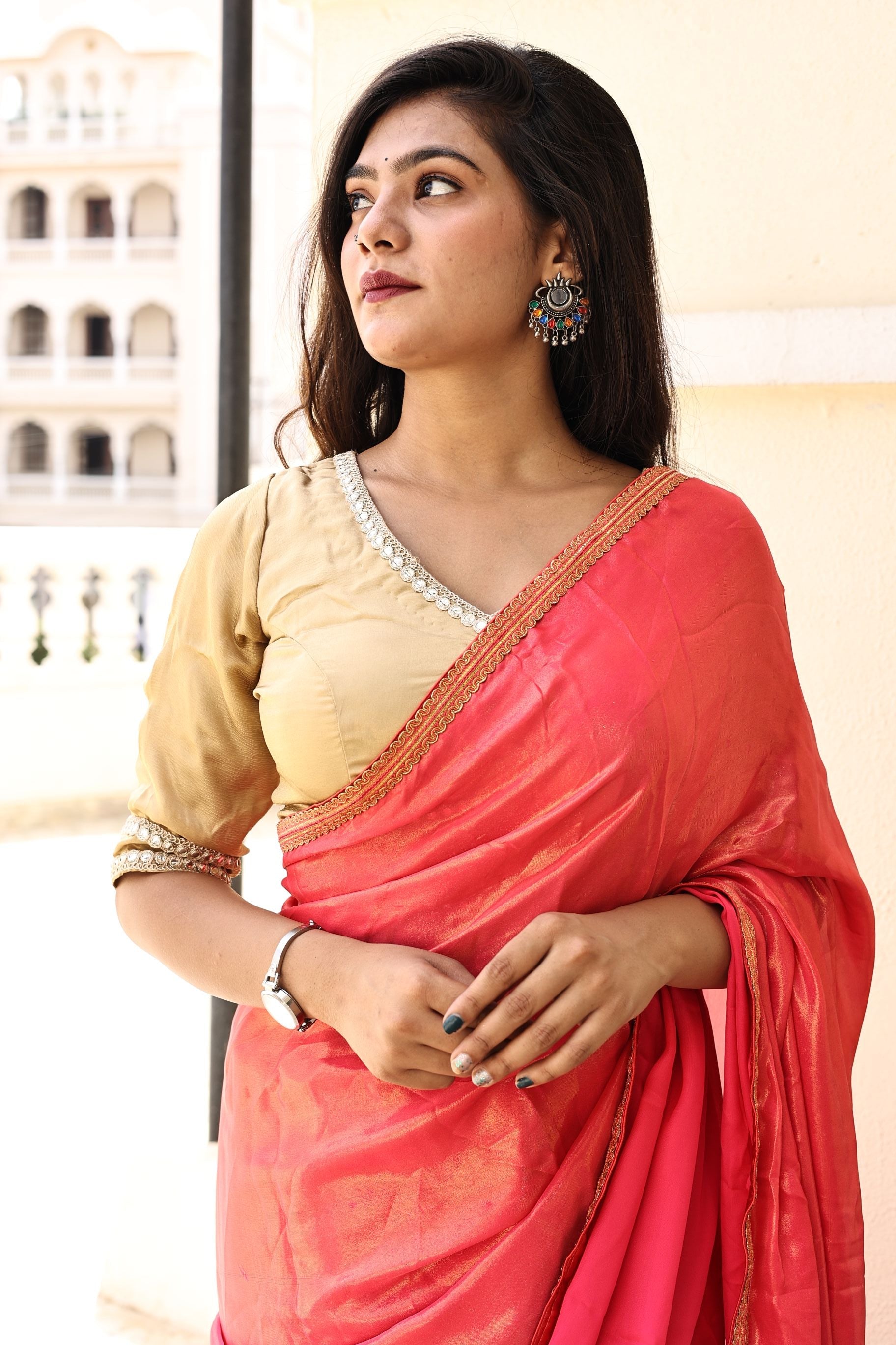 Gorgeous Red Pink Satin Georgette Saree with Lace Border