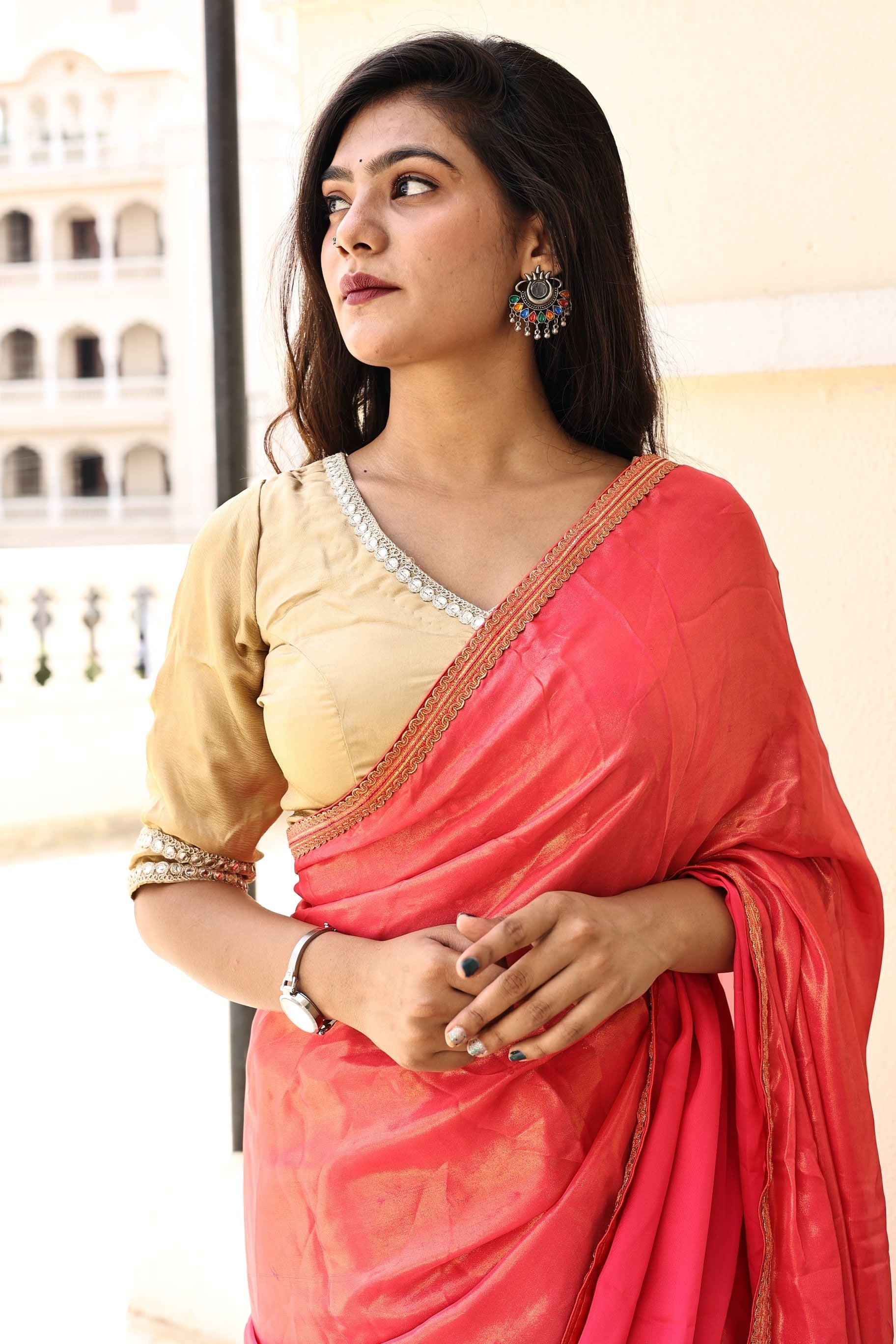 Gorgeous Red Pink Satin Georgette Saree with Lace Border