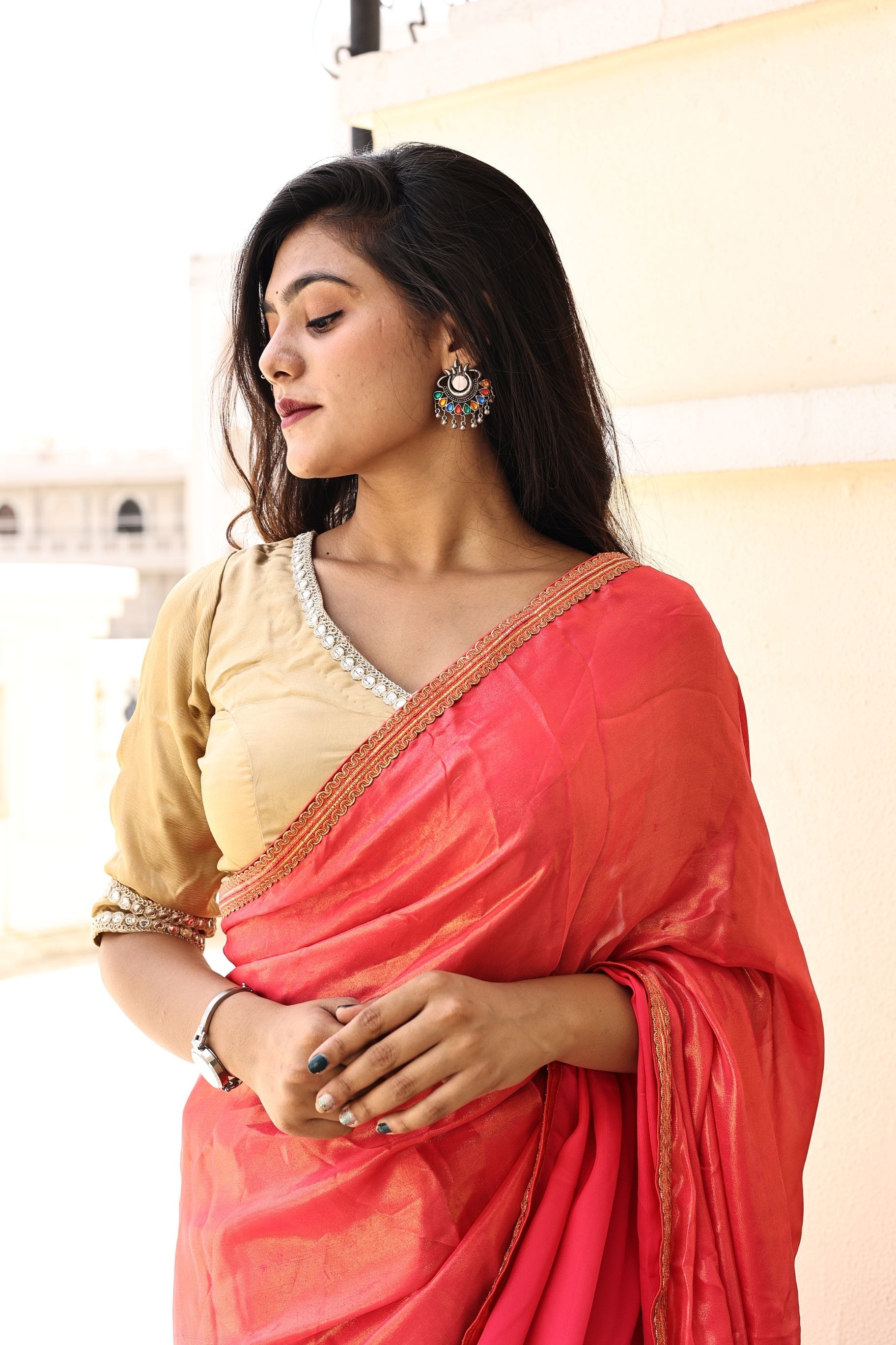 Gorgeous Red Pink Satin Georgette Saree with Lace Border
