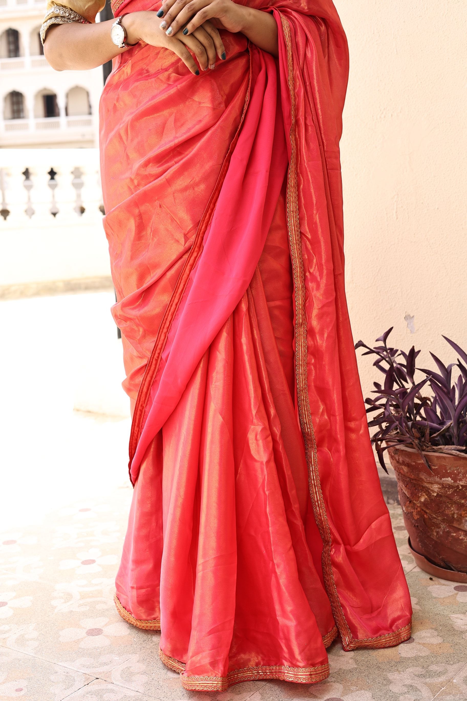 Gorgeous Red Pink Satin Georgette Saree with Lace Border