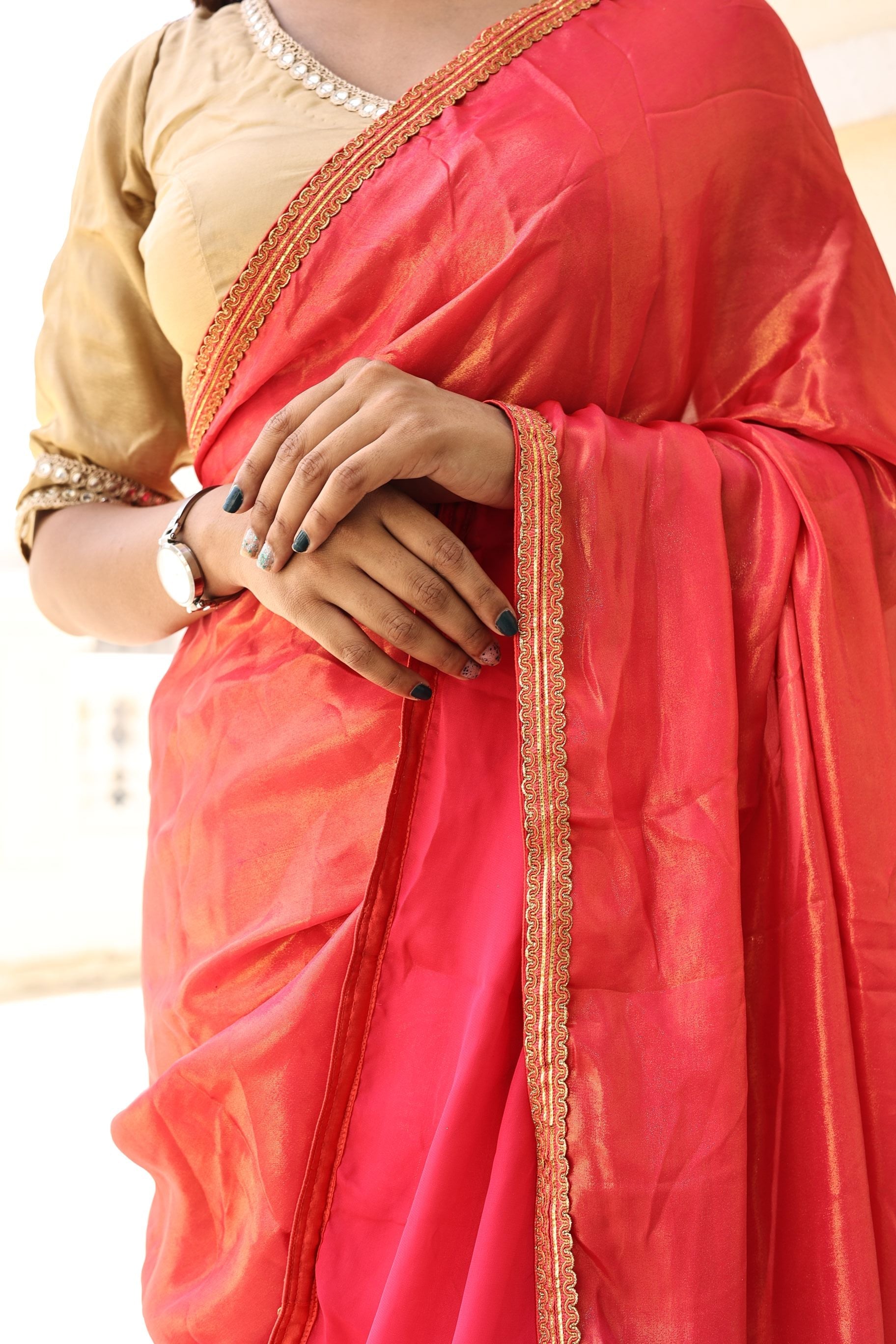 Gorgeous Red Pink Satin Georgette Saree with Lace Border