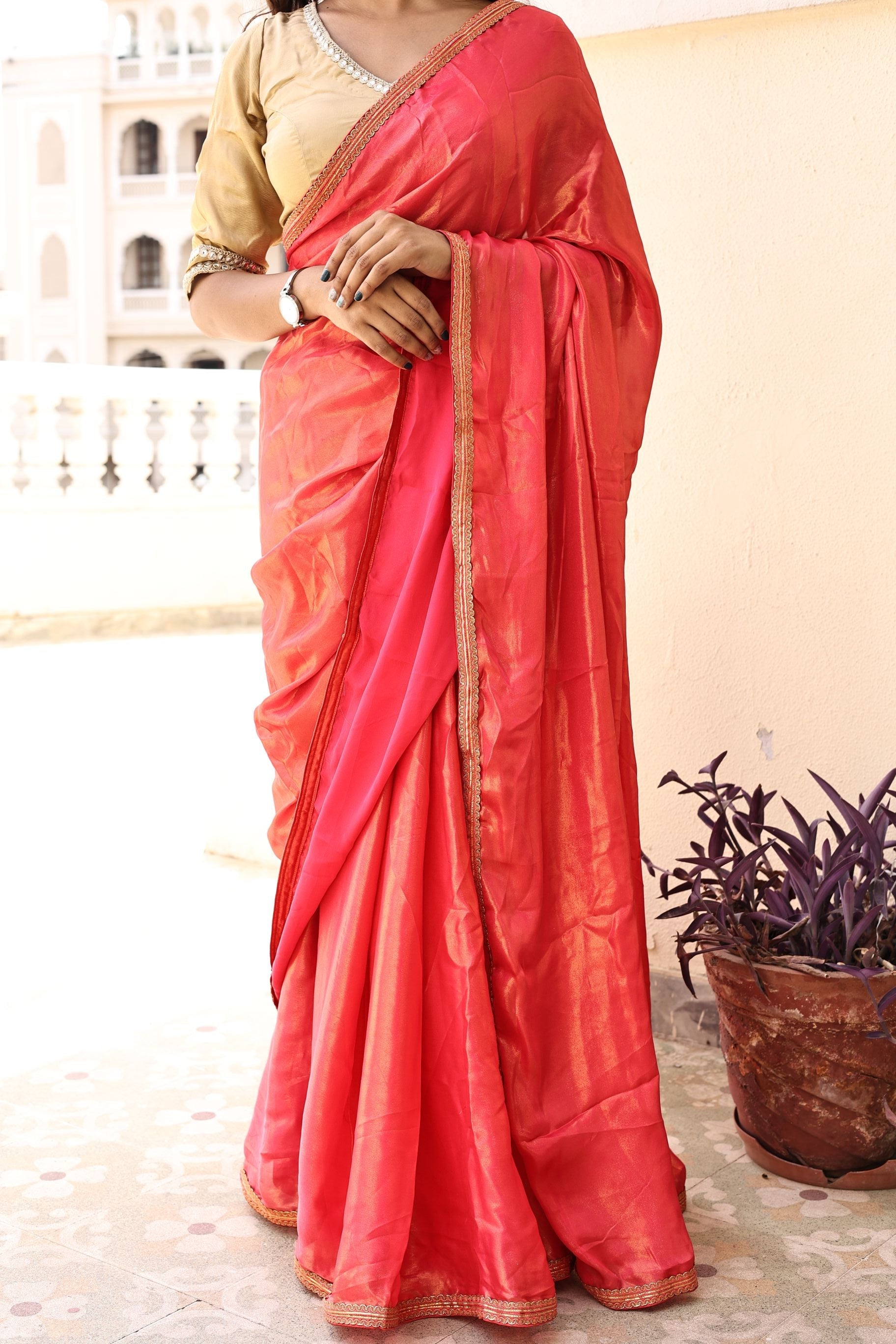 Gorgeous Red Pink Satin Georgette Saree with Lace Border
