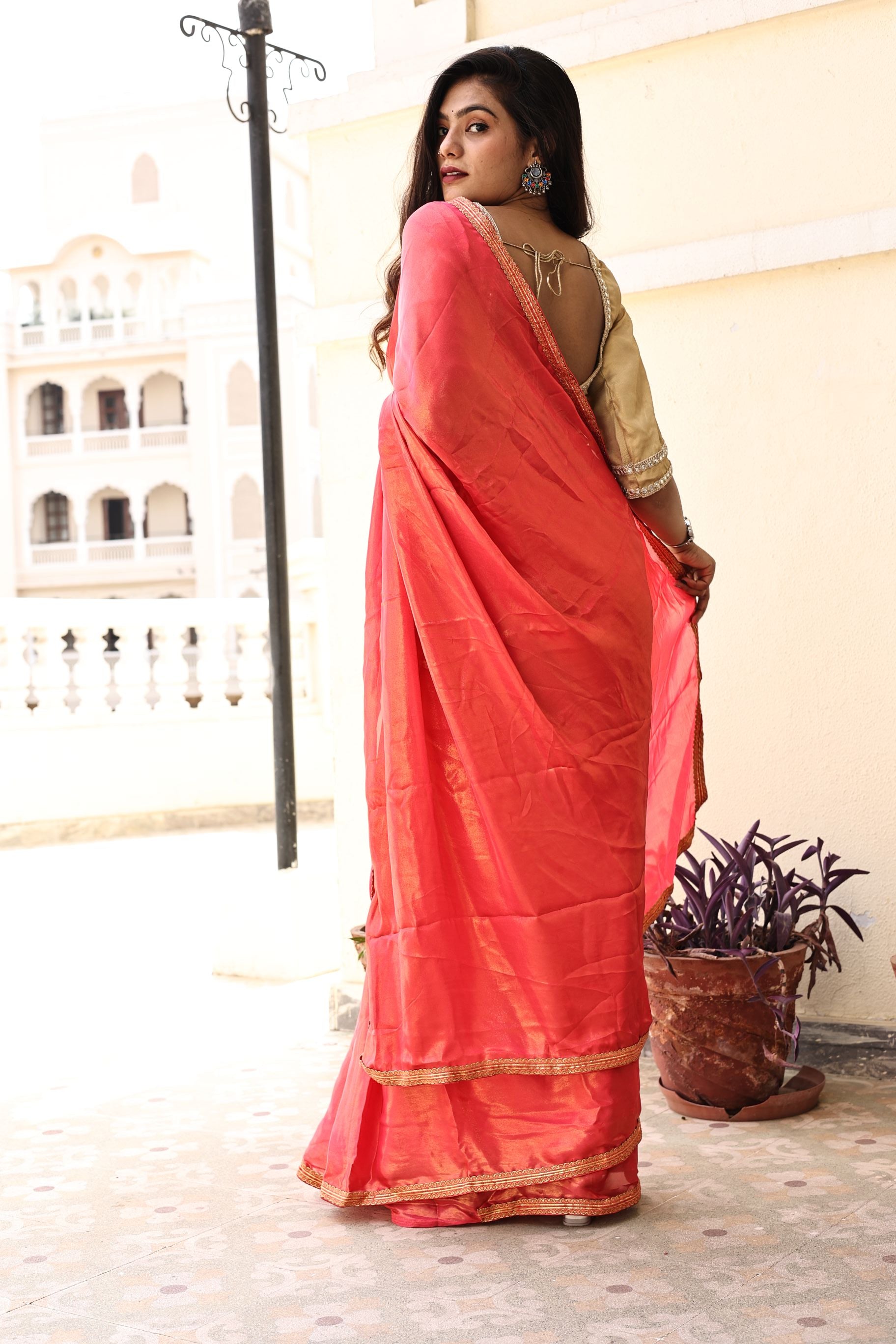 Gorgeous Red Pink Satin Georgette Saree with Lace Border