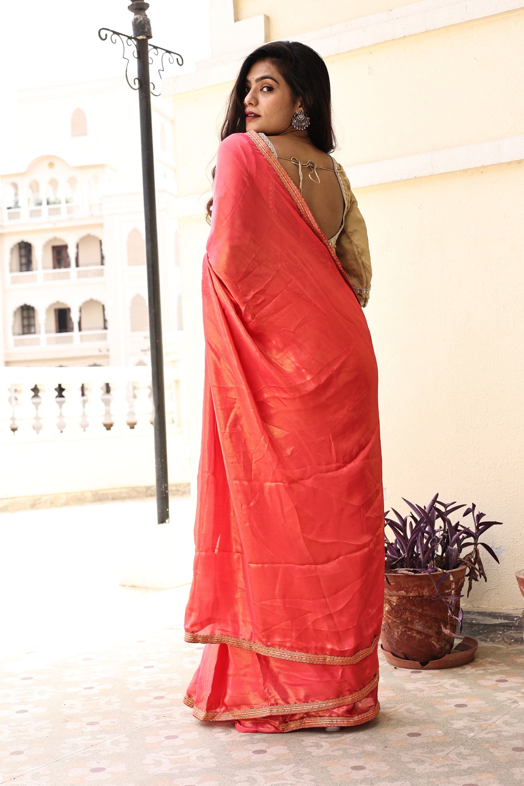 Gorgeous Red Pink Satin Georgette Saree with Lace Border