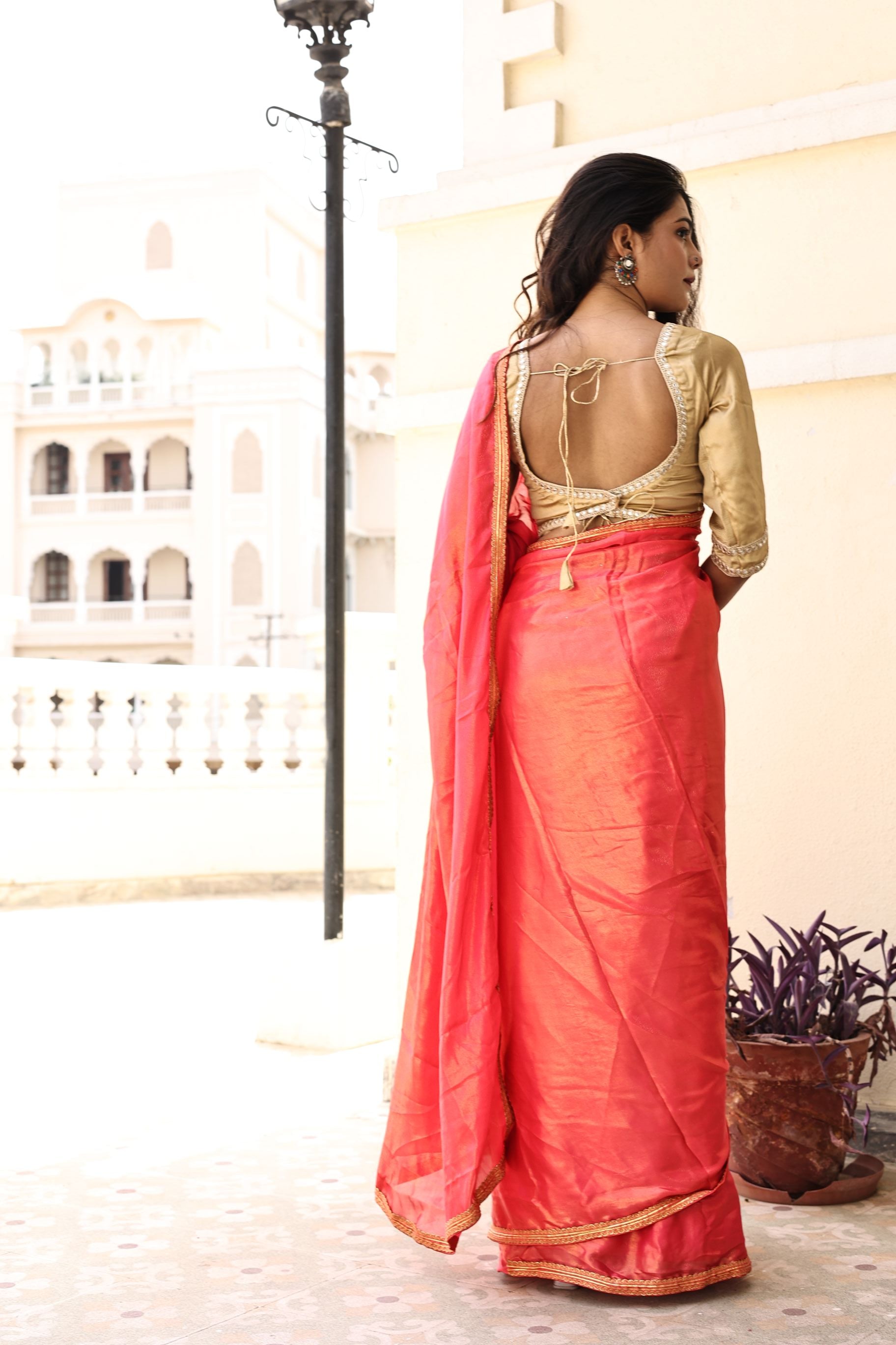 Gorgeous Red Pink Satin Georgette Saree with Lace Border